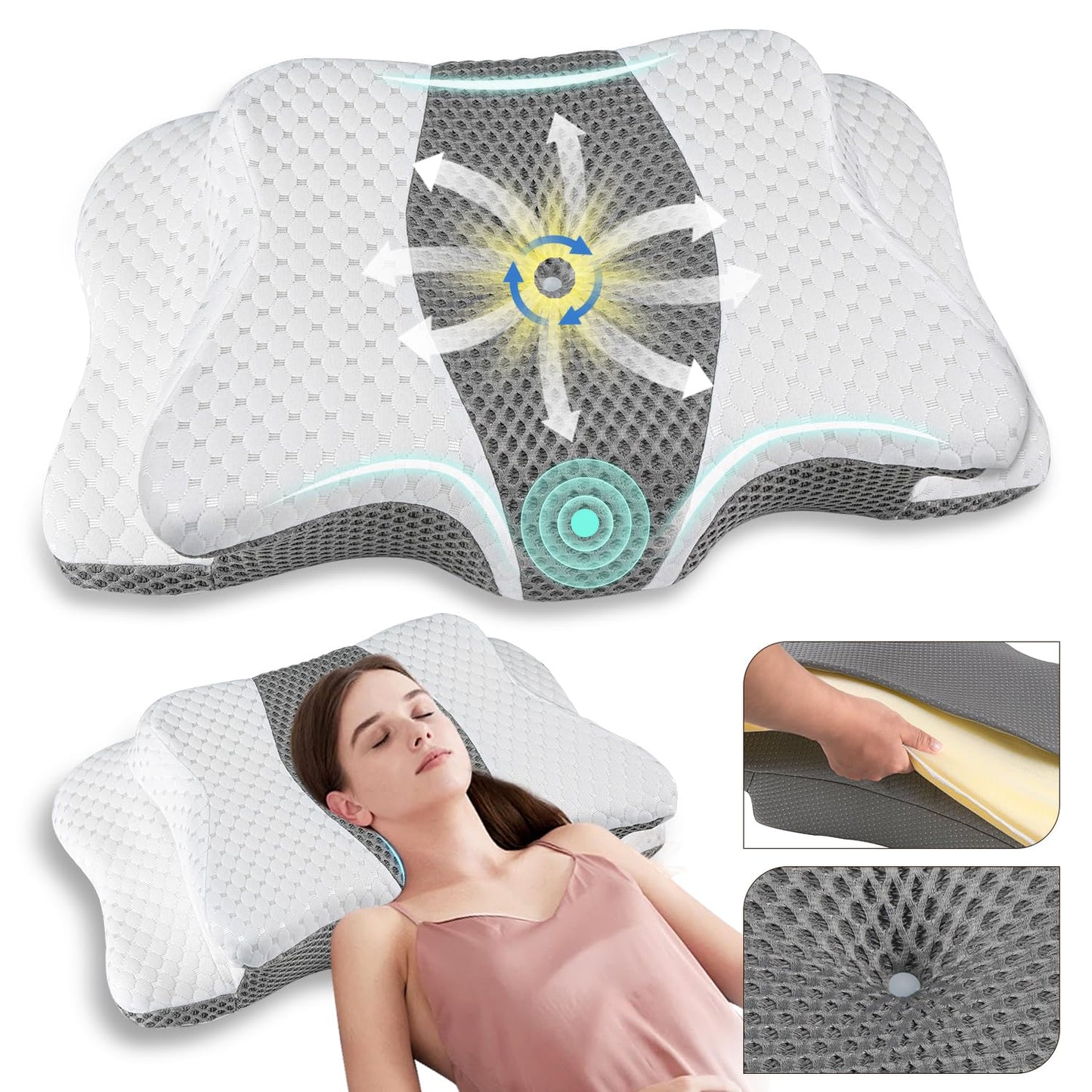 Pain Relief Cervical Pillow for Neck Support, Adjustable Ergonomic Pillow Cozy Sleeping, Odorless Orthopedic Memory Foam Pillow, Contour Bed Pillow for Side Back Stomach Sleeper