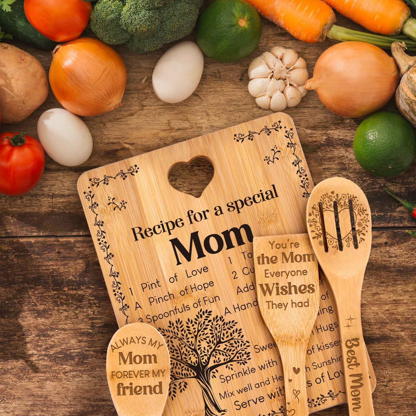 Gifts for Mom - "Recipe for a Special Mom" Mom Birthday Gifts Cutting Board Set, Bamboo-Made Engraved Utensil Set, Birthday Gifts for Mom from Daughter/Son, Mothers Day Gifts