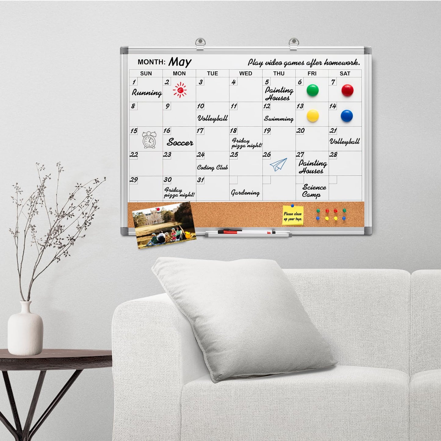 Comix Dry Erase Calendar Whiteboard Corkboard Combo, 24 * 18 inch Monthly Calendar and Bulletin Board Combination for wall, Aluminum Frame Planner with Dry Erase Markers, Magnets, Push Pins