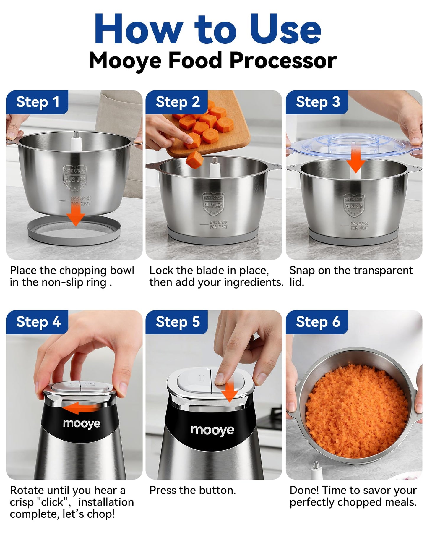 Mooye Food Processors Electric Food Chopper with Meat Grinder & Vegetable Chopper - 3 Bowls(8Cup+8Cup+3Cup) with Powerful Copper Motor - Includes 3 Sets of Bi-Level Blades for Fruits/Meat/Nuts