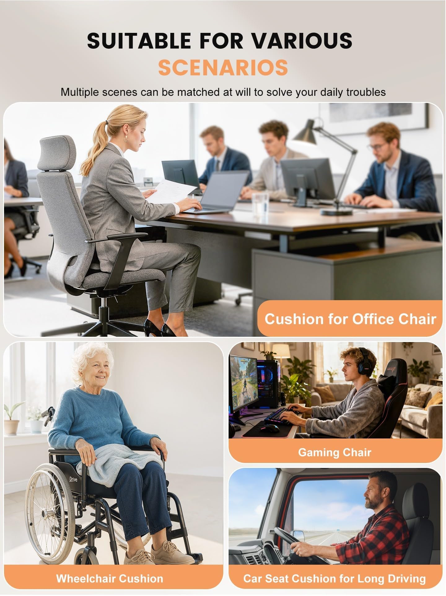 QEGOON Office Chair Seat Cushion for Long Sitting Workers - L-Shaped Ergonomic Memory Foam with Tailbone Support & Adjustable Strap