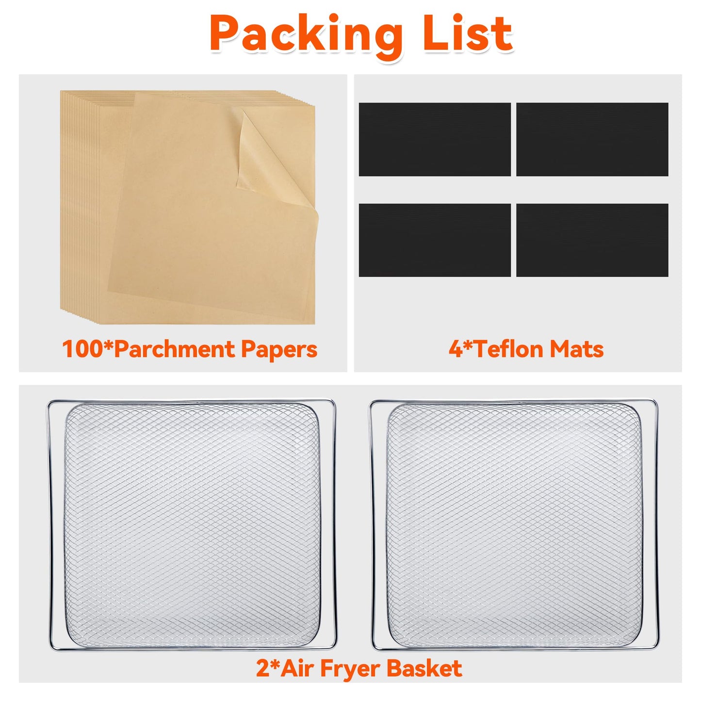 Air Fryer Accessories for Emeril Lagasse Dual Zone 25QT, Emeril Lagasse Air Fryer Basket for Oven with 100 Pcs Disposable Parchment Paper Sheets, 4 Pcs Reusable Teflon Mat