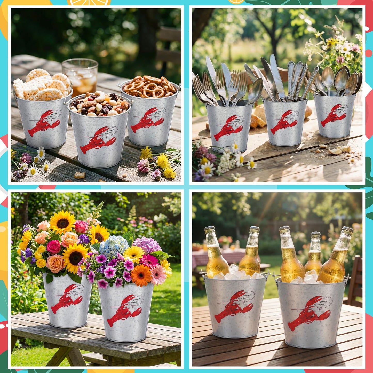 Yungyan 6 Pcs 5 x 4.8 in Crawfish Boil Party Supplies Metal Buckets with Handles Seafood Ice Buckets Lobster Crab Boil Mint Julep Ice Tub Beverage Tub for Seafood Festival Summer Birthday BBQ Picnic