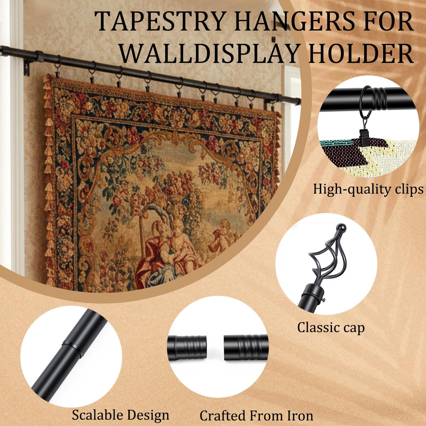 Marsui Tapestry Hanger Telescopic Rod Quilt Hanger for Display Adjustable 32" to 79" Wall Hanging Bar Mounted Quilt Rack Spiral Cap with Clips Iron Rustic Farmhouse Style Bedroom Living Areas (Black)