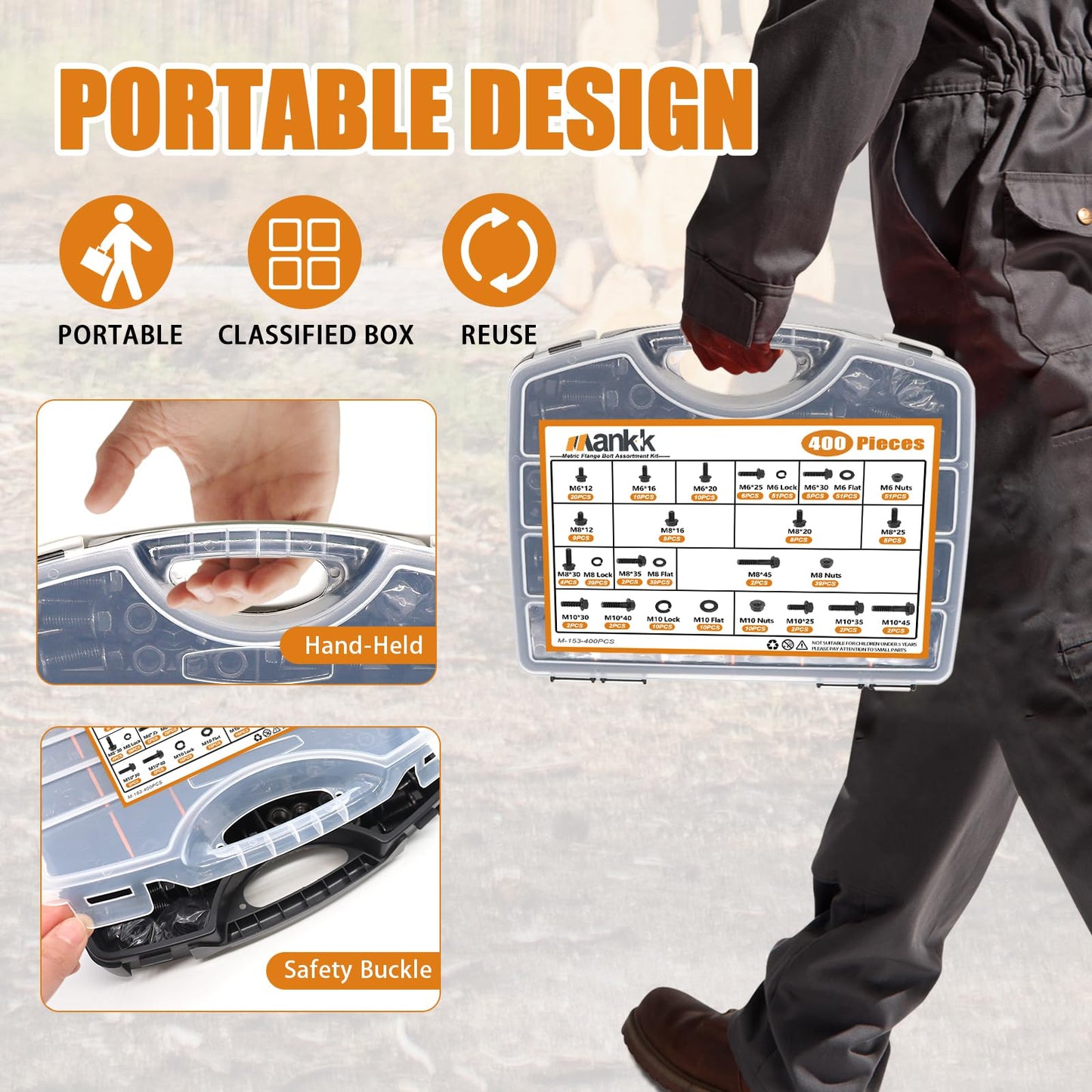 mankk 400PCS Metric Grade 10.9 Flange Bolts and Nuts Assortment Kit M6x1.0, M8x1.25, M10x1.5 (12mm to 45mm) Black Alloy Steel Class Hex Bolts and Nuts Washers Kit for Automotive