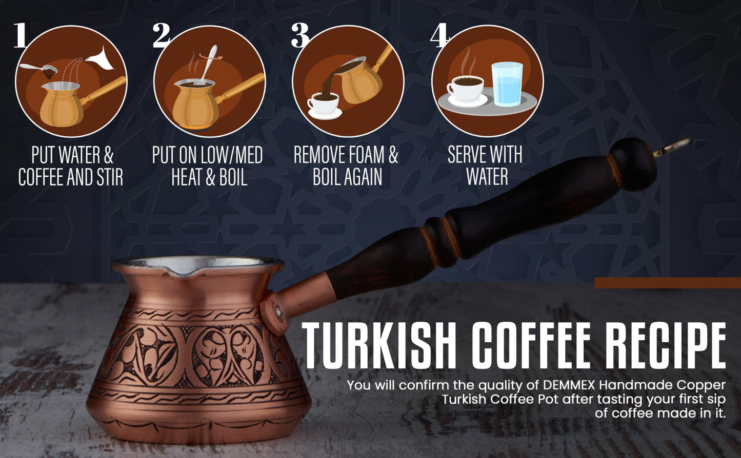 DEMMEX Copper Turkish Coffee Pot Cezve Ibrik Greek Coffee Briki Stovetop Coffee Maker with Wooden Handle & Spoon, 1mm Thick Copper, Handmade & Engraved in TURKEY, 9 fl Oz - 3 Servings