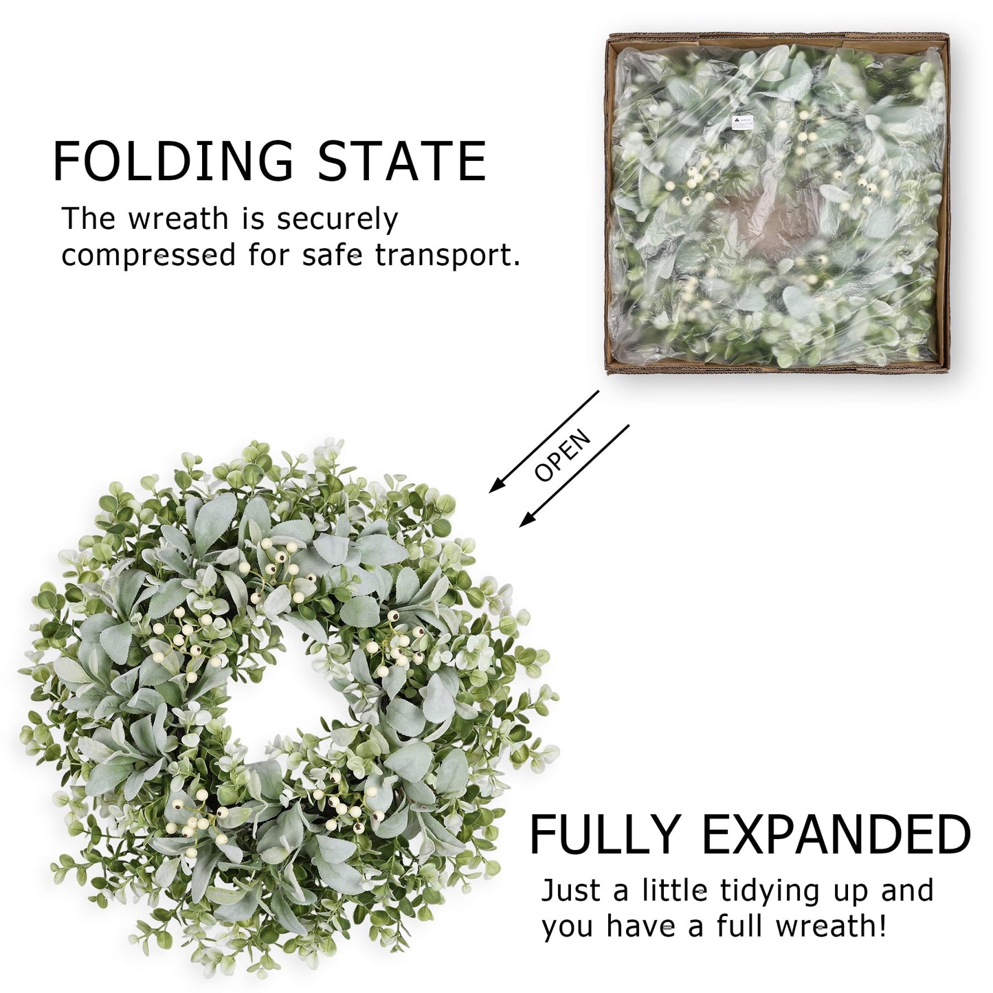 26 Inch Large Lambs Ear Wreaths for Front Door Spring Summer Lambs Leaves with White Berries, Artificial Greenery for Farmhouse Porch Wall Living Room Home Widding Decor for All Seasons Wreaths