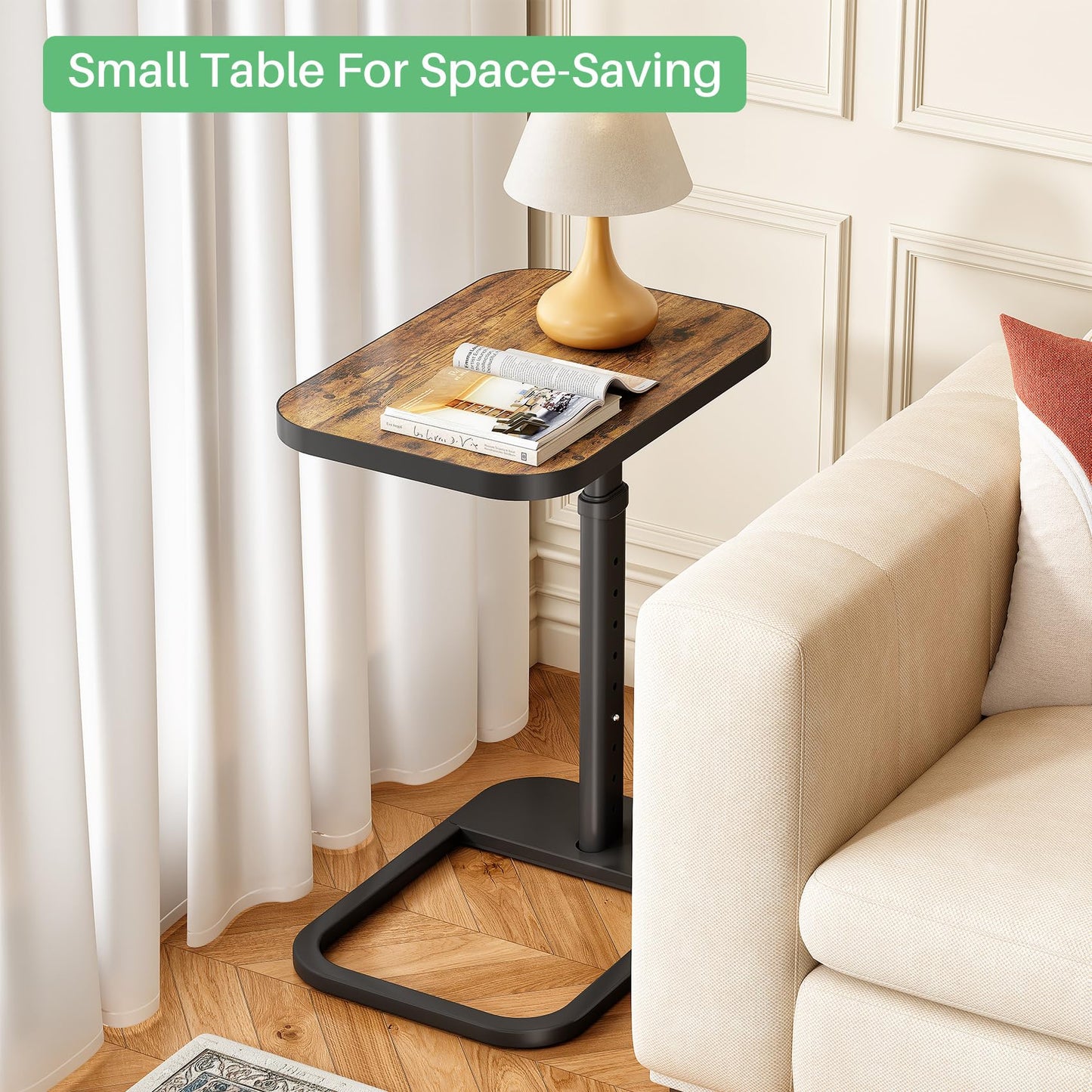 Kitstorack Adjustable Height C-Shaped End Table, 9-Level Side Table with Thickened Metal Rounded Edge, Couch Table Slides Under Sofa or Bed, Eating, Working, TV Tray Table for Small Spaces, Brown