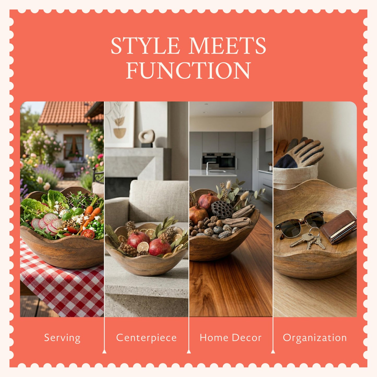 Mela Artisans 12 in Wide x 4 in Tall Scalloped Mango Wood Bowl – Hand-Carved Decorative Serving and Fruit Bowl with Visible Wood Grain for Kitchen Counter, Snacks, Bread and Home Decor