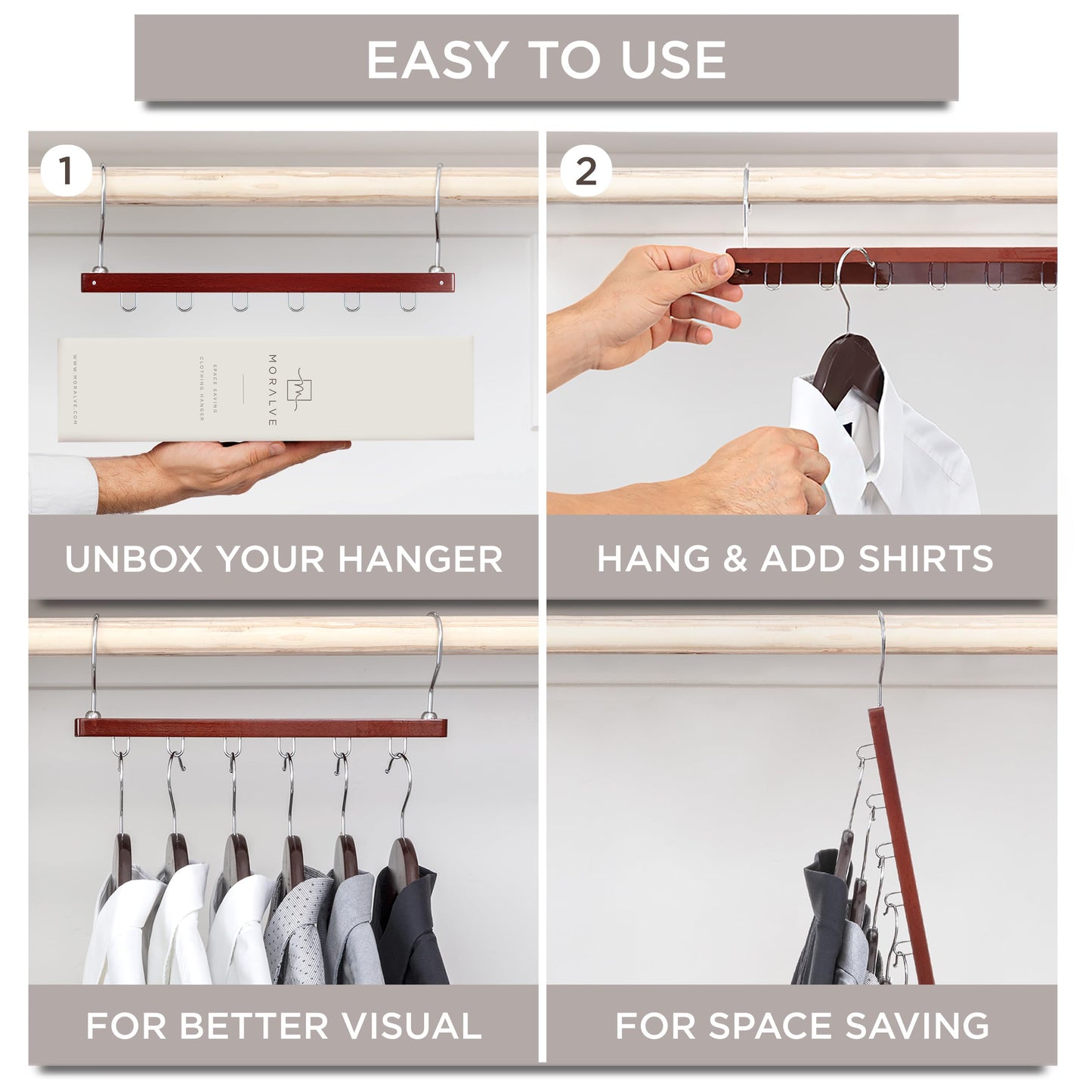 MORALVE Space Saving Hangers for Closet – 4 Pack European Beechwood 6-Tier Shirt Organizer with 360° Swivel Hook – Collapsible Clothes Hanger for Closet Organization (Hangers Not Included)