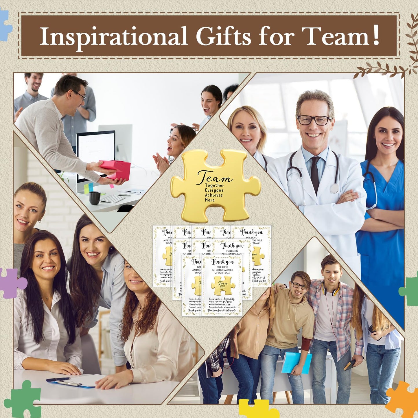 Solsew 60 Sets Teacher Appreciation Gift for Employees Puzzle Piece Lapel Pins Bulk with Thank You Cards for Team Nurse Volunteer Staff Coworker Office Soccer Baseball Team Building Ems Cna Week Gift