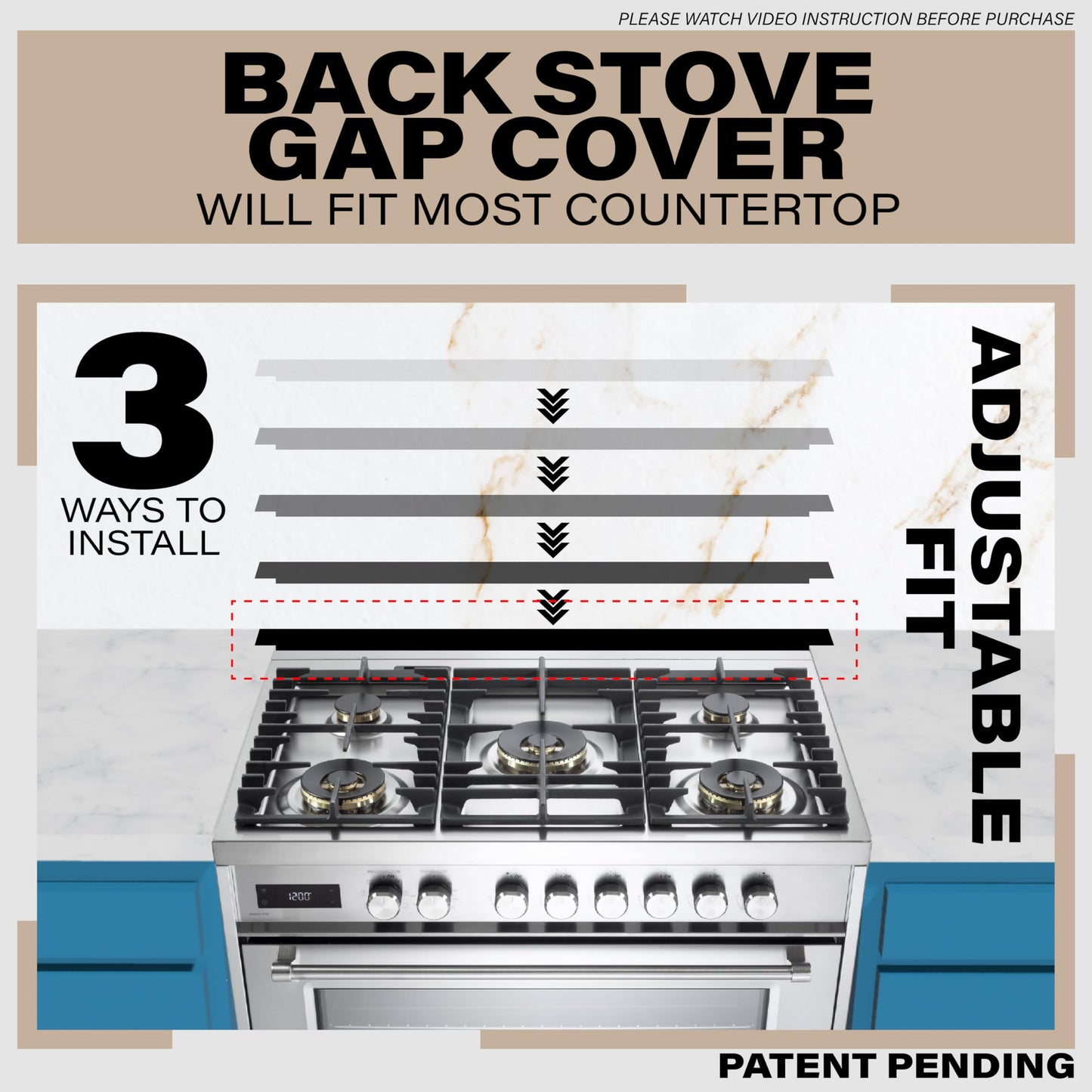 Expandable Rear Stove Gap Cover for Slide-In Ranges – Stainless Steel, Black Powder Coated – Adjustable Up to 32″ – Dual Install Options (1.5 inch WIDE)