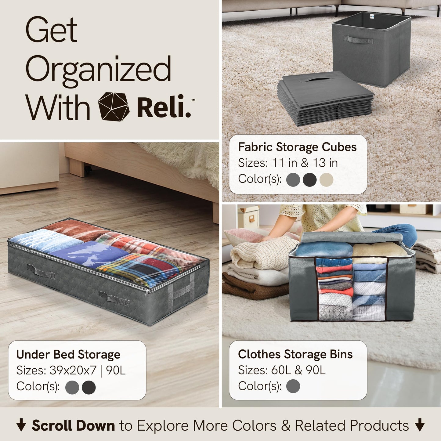 Reli. 90L Under Bed Storage Containers (8 Pack) | Closet Organizer with Clear Window | Underbed Storage Bins for Towels, Sweaters, Linens | Large Organizer for Closet (Gray)