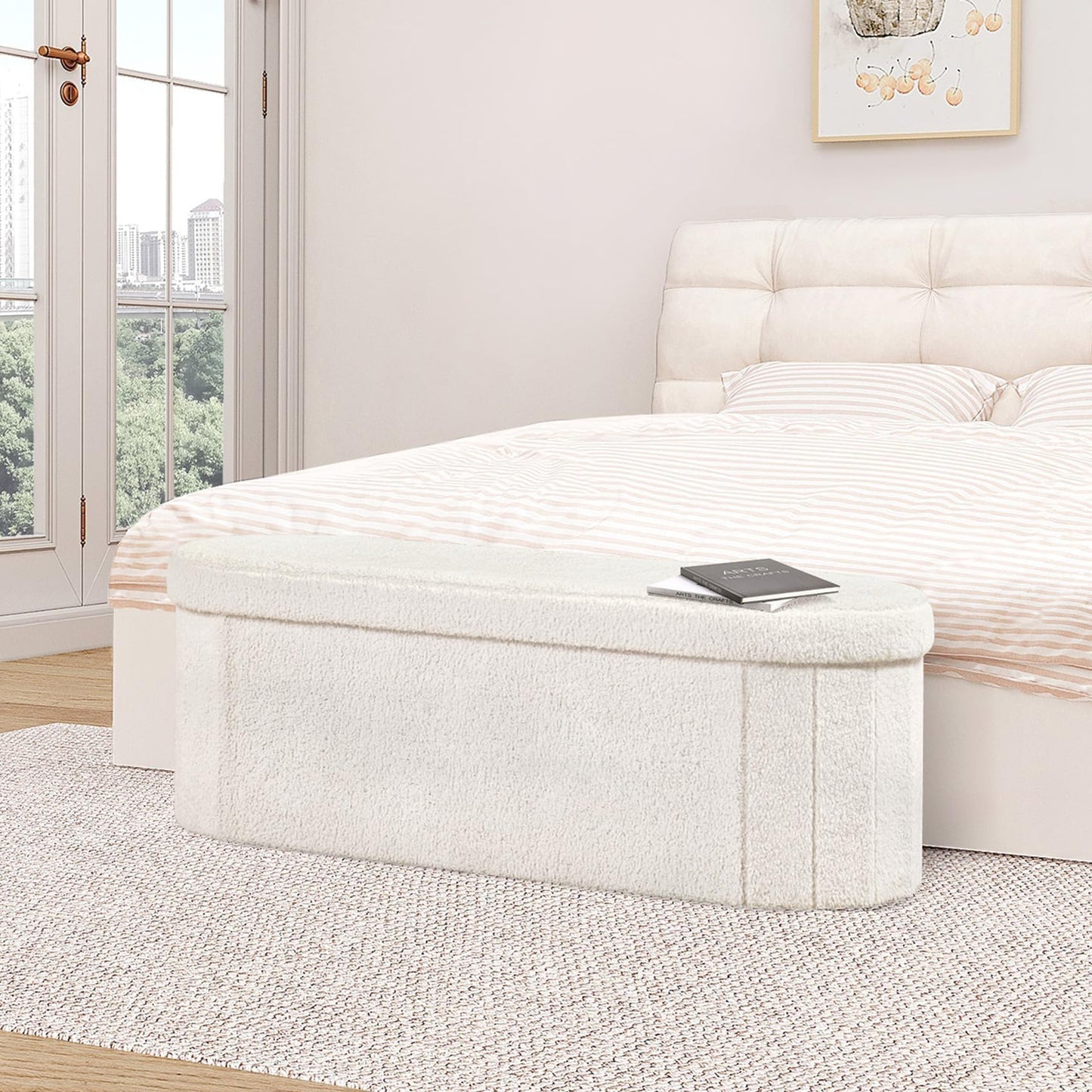 B FSOBEIIALEO Ottoman with Storage for Living Room, Sherpa Folding Storage Ottoman Foot Rest, 43.3 Inches Collapsible Bedroom Bench White Cream
