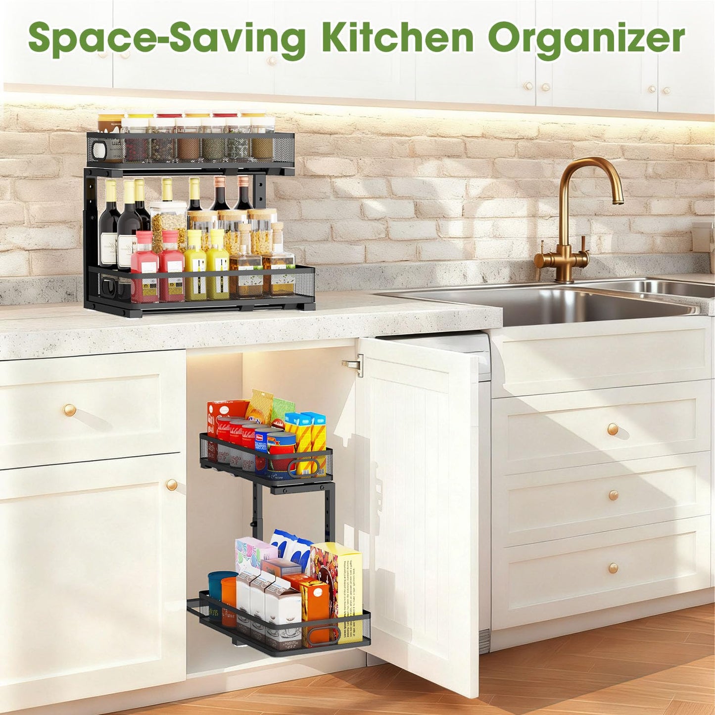 AURIKAR Under Sink Organizer 2-Pack, Metal 2-Tier Pull-Out Cabinet Shelf with Slide-Out Mesh Drawers, Height Adjustable, Space-Saving Under Sink Storage Racks for Kitchen, Bathroom, Laundry Room