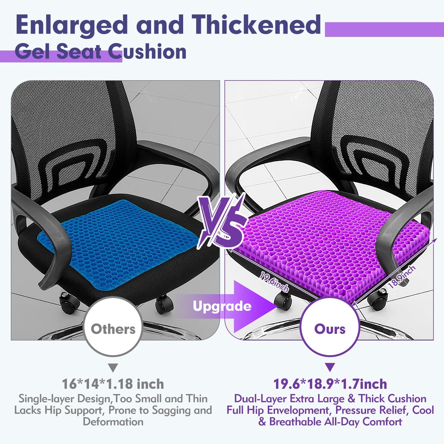 NIPURA Plus Size Gel Cushion for Long Sitting, Breathable Honeycomb Pressure Relief Pad for Office Chair, Car & Wheelchair (Plus Size - Light purple-01)