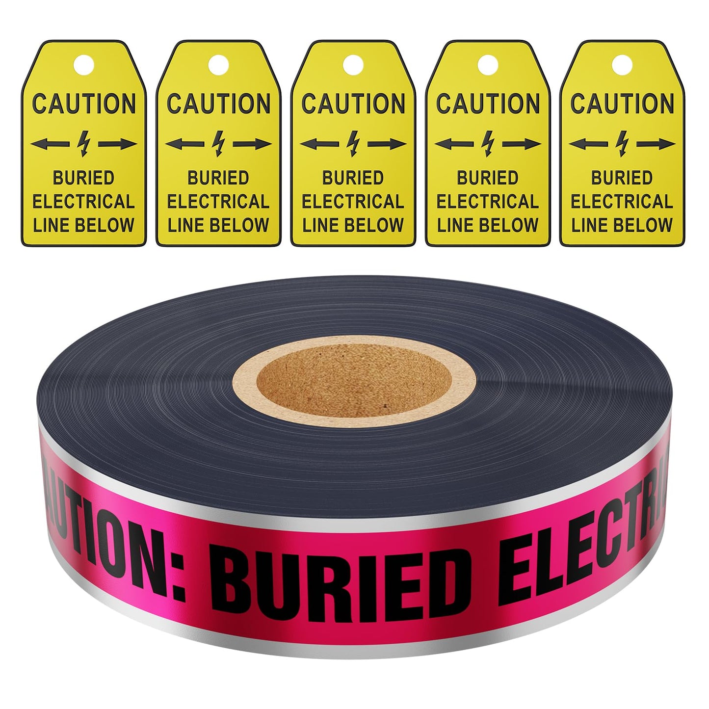 1000 Feet Caution Buried Electric Line Below Red/Black Print Safety Tape with Above-Ground Caution Tag, 2 Inch x Foot 5 Mil, Detectable 2-Inch