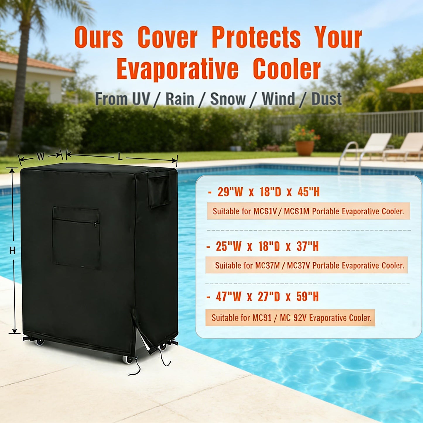 Evaporative Cooler Cover for Hessaire MC61M / MC61V 5300 CFM Portable Evaporative Cooler, 600D Waterproof Outdoor Portable Swamp Cooler Cover for Hessaire Outdoor Air Conditioner - 29" X 18" X 45"