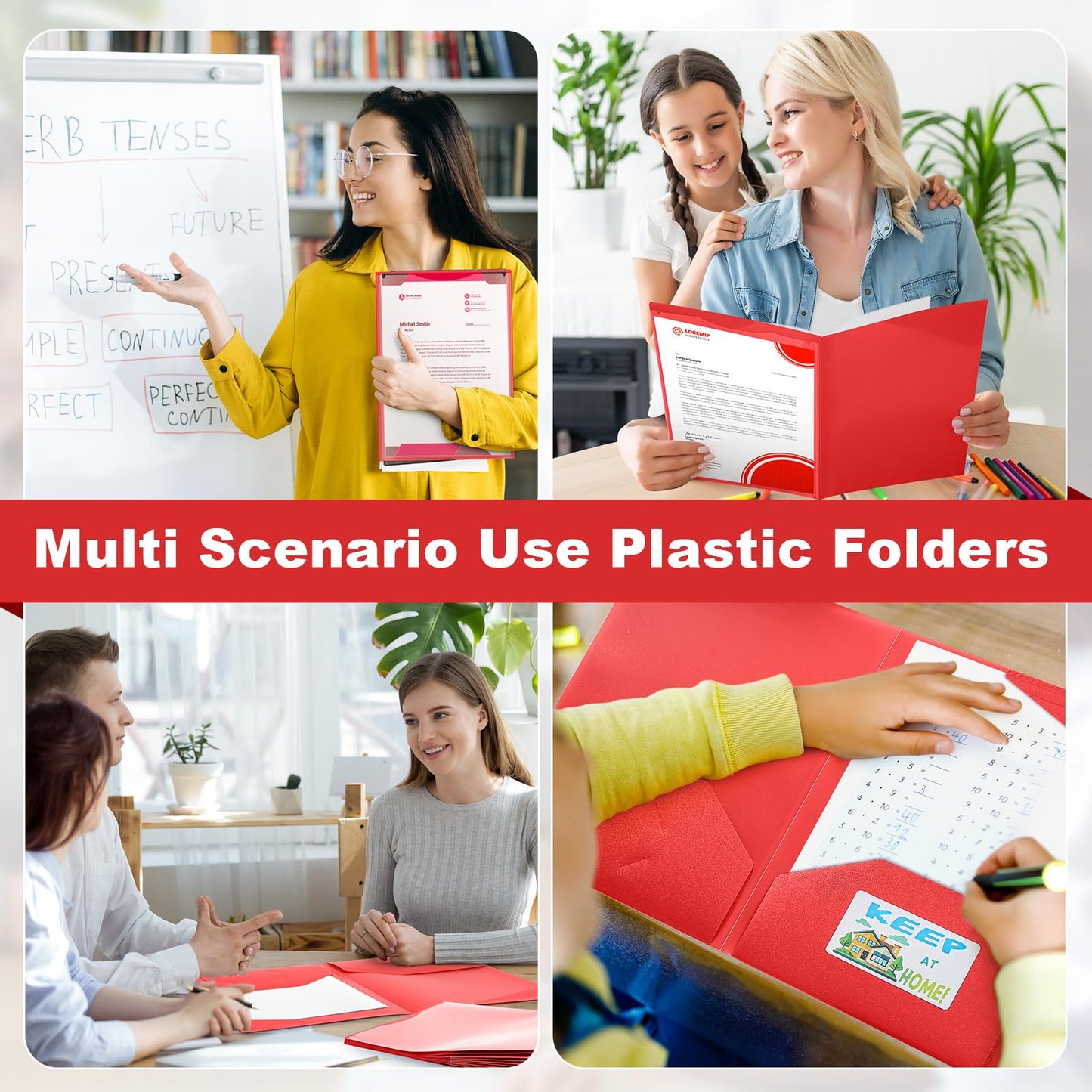 Henoyso 48 Pack Take Home Folders with 2 Pockets and Tabs, Plastic Classroom Communication Homework Folder School-to-Home with Clear Front Pocket for Students Parent Teacher Connector (Red)