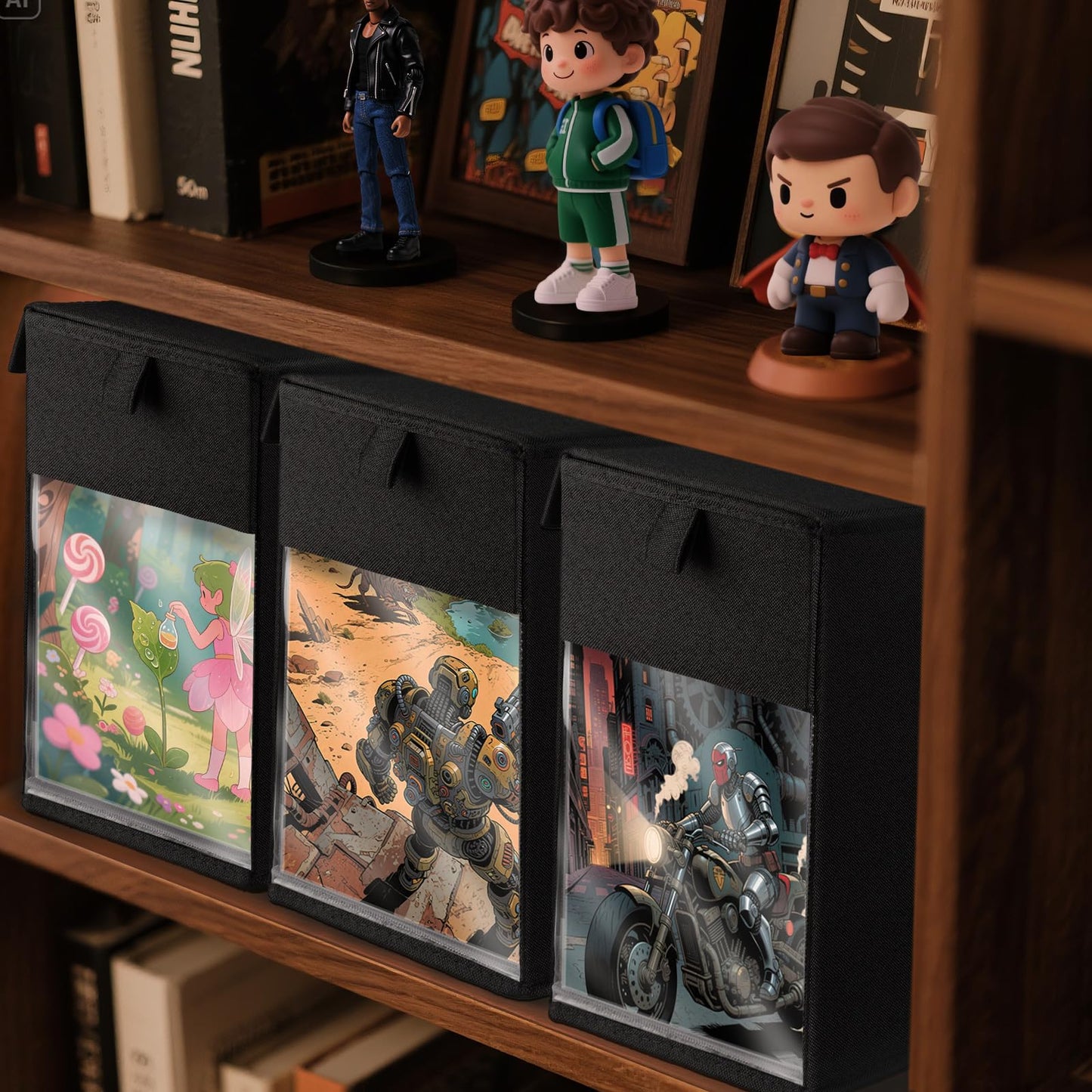 ComfortKeeper 4 Pack Comic Book Storage Box with Lid for Modern Age, Collapsible Magazine Organizer with Clear Window, Heavy Duty Case Container Holder, Black