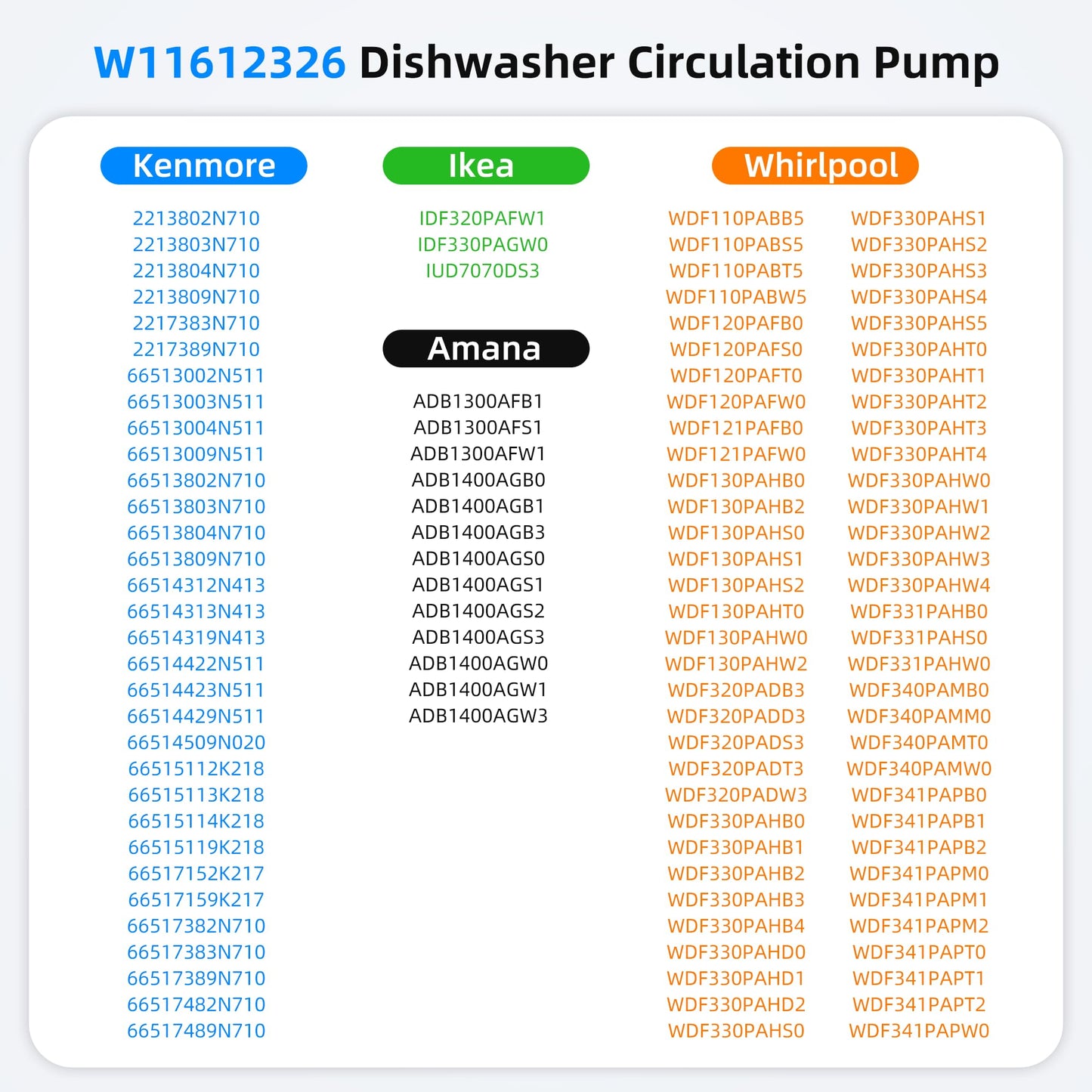 W11612326 W11521435 Dishwasher Drain Pump Replacement for Whirlpool Kenmore Amana WDF520PADM7 WDF520PADM9 WDF330PAHS3 WDP540HAMZ0 WDT540HAMZ0 W10805386 W10879262 AP7193729 PS16744934