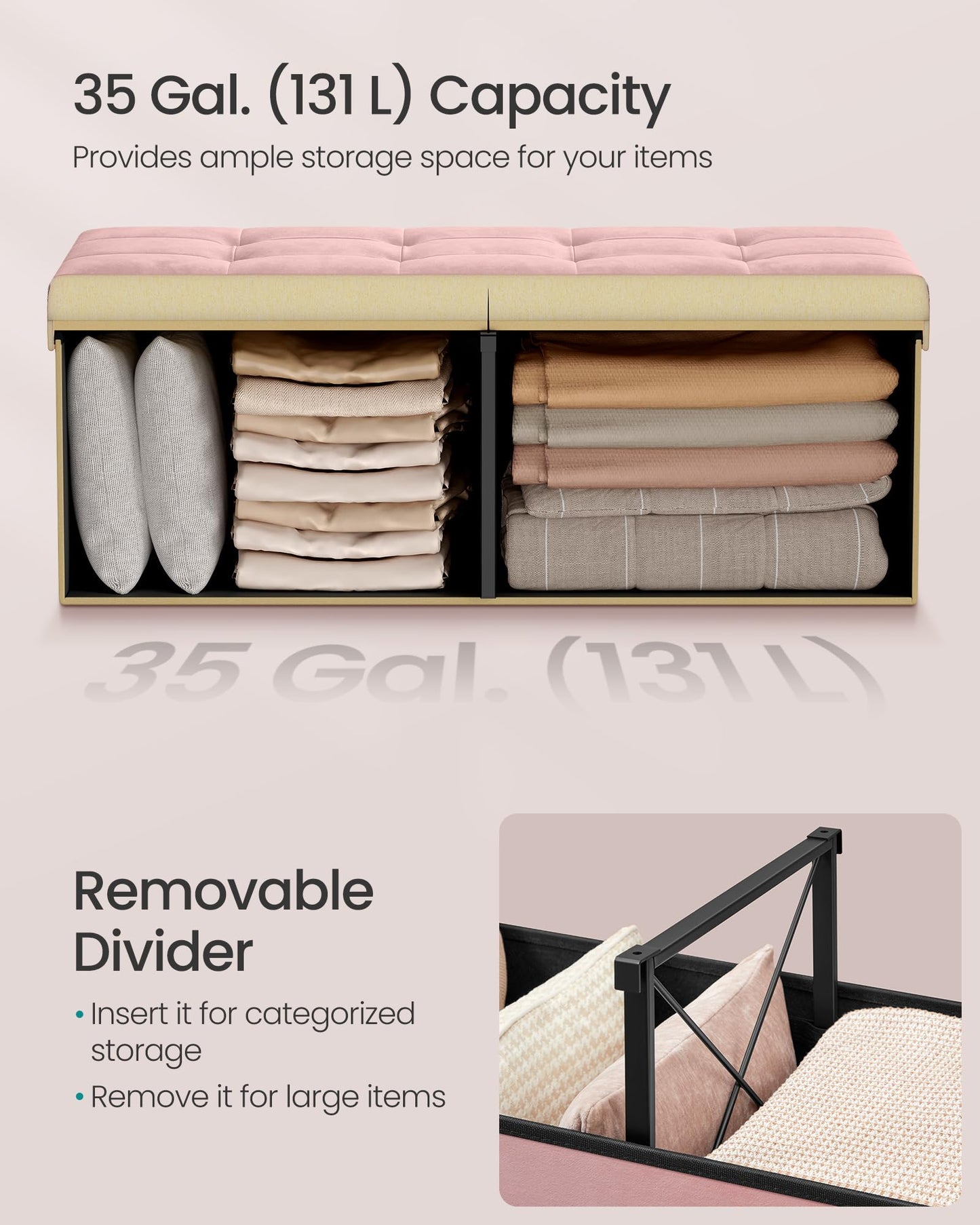 SONGMICS Mazie Collection - 43 Inches Storage Ottoman, Foldable Storage Bench with Flipping Lid, 660 lb Load Capacity, for Entryway, Living Room, Bedroom, Velvet Fabric, Jelly Pink ULSF078SA01