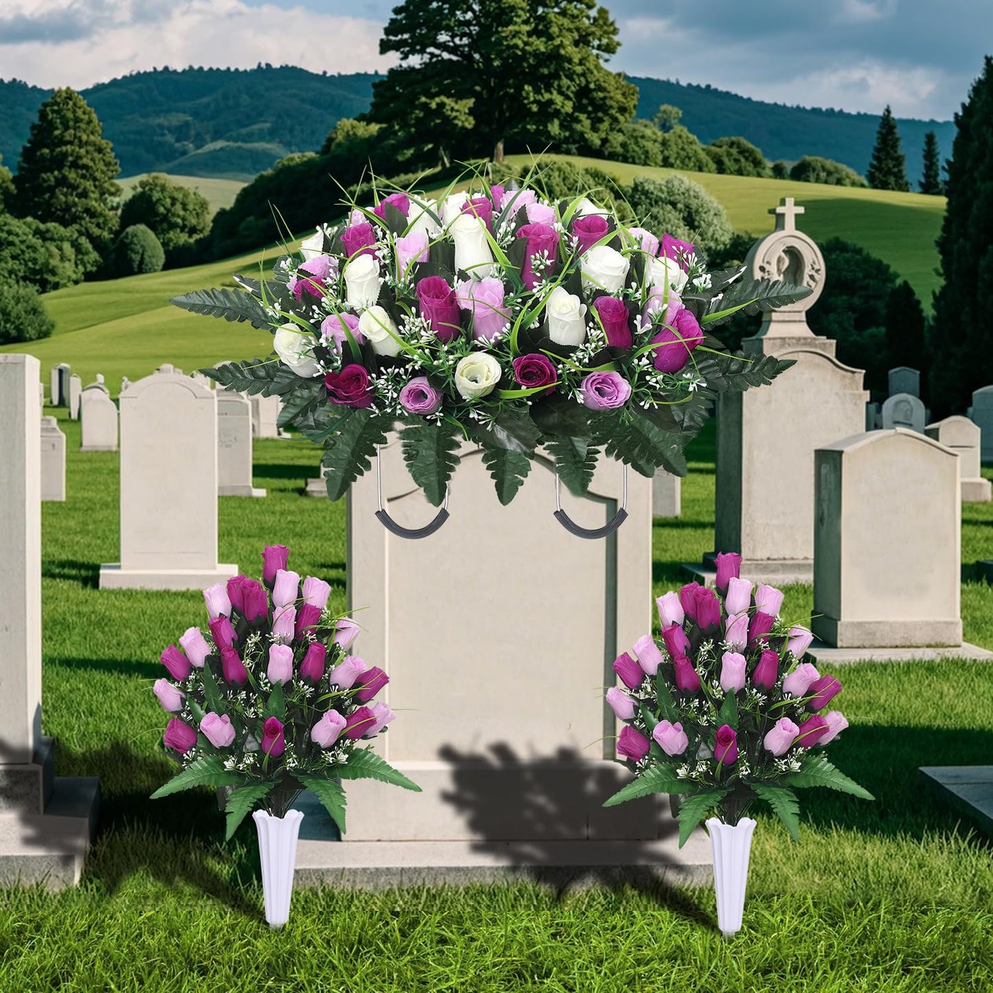 Lodou Artificial Cemetery Flower Saddles for Graves, Cemetery Memorial Flowers with Vase and 2 Memorial Bouquets for Grave Tombstone,Outdoor Grave Saddle Headstone Decorations (Purple White)