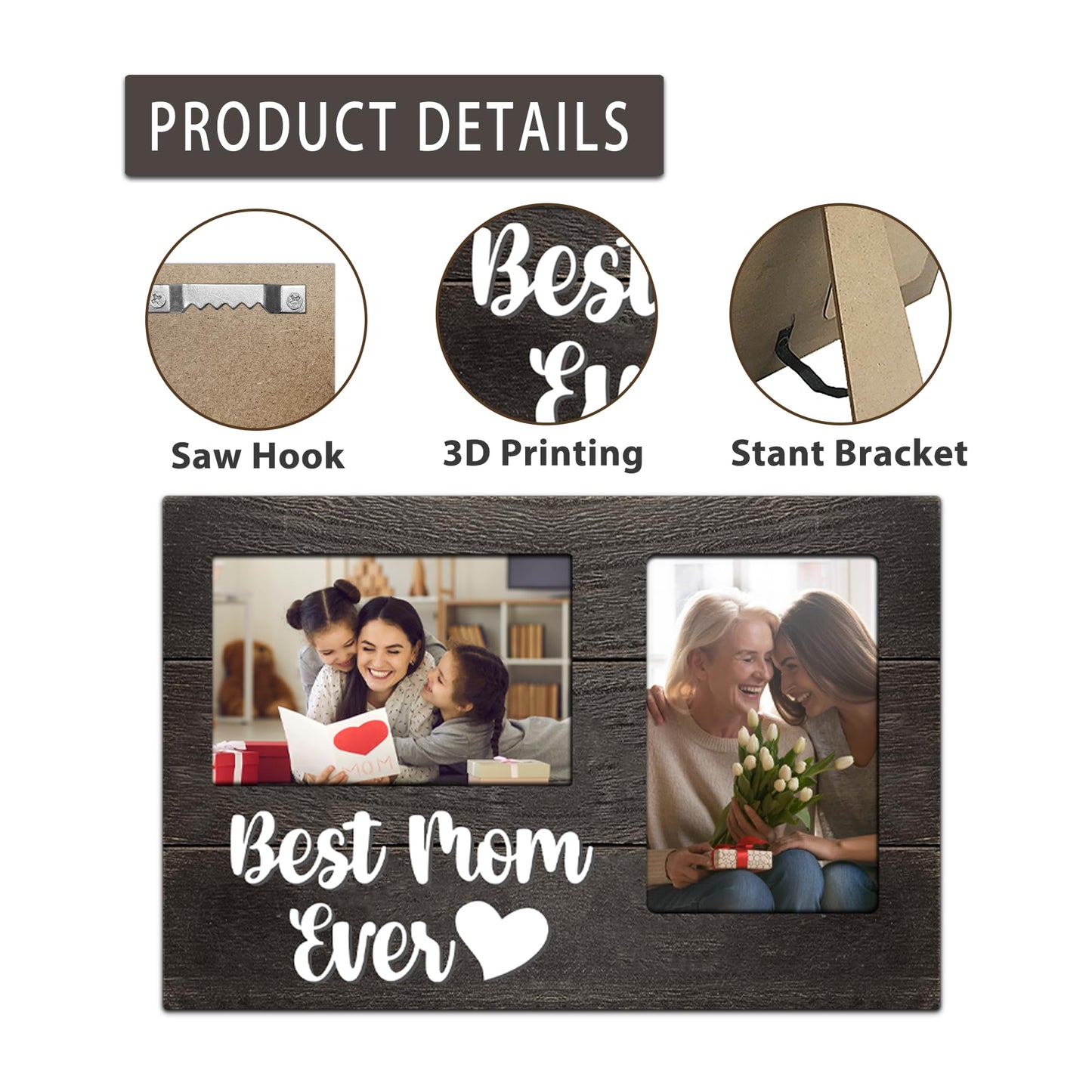JNDJE Gifts for Mom, Mothers Day Mom Gift from Daughters 3D Photo Frame Hold 4x6 Inches Two Photos, Picture Frames Present