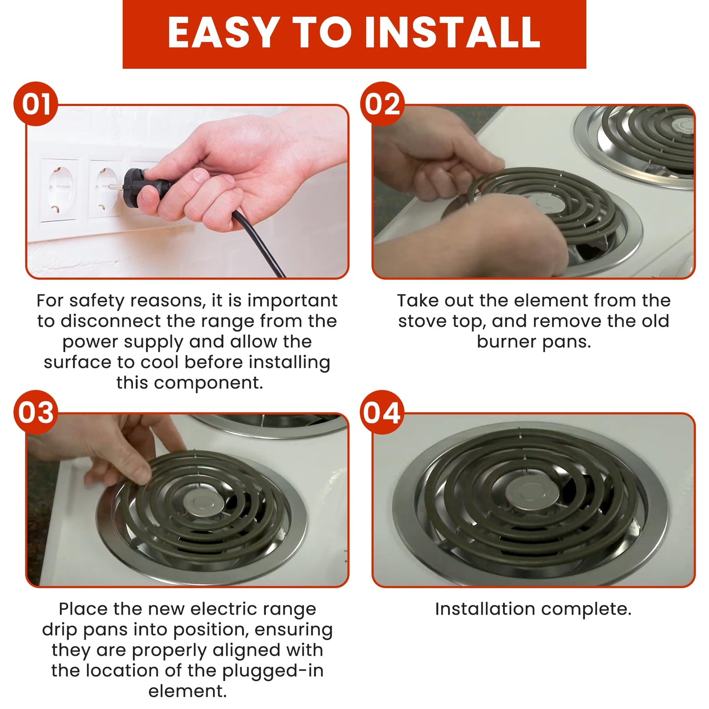 AMI PARTS Stove Drip Pan Burner Kit - WB31T10010 & WB31T10011 Porcelain Drip Pan Bowls, WB30M1 & WB30M2 Electric Coil Burner Elements - Fit for G-E, Hot-point, Ken-more, Includes Cleaning Cloth
