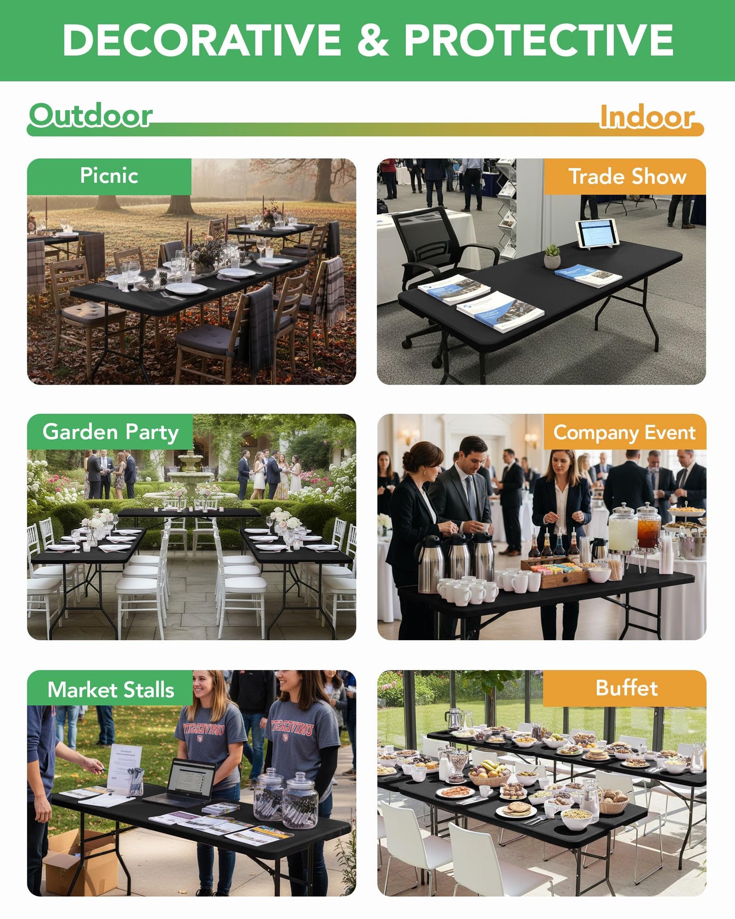 KeyWave Fitted Tablecloth Rectangle Table Cloths - 8 Pack 6 Foot Elastic Stretch Folding Table Top Cover Water-Resistant Reusable for Outdoor Picnic Camping Party Event, Black, 72" L x 30" W