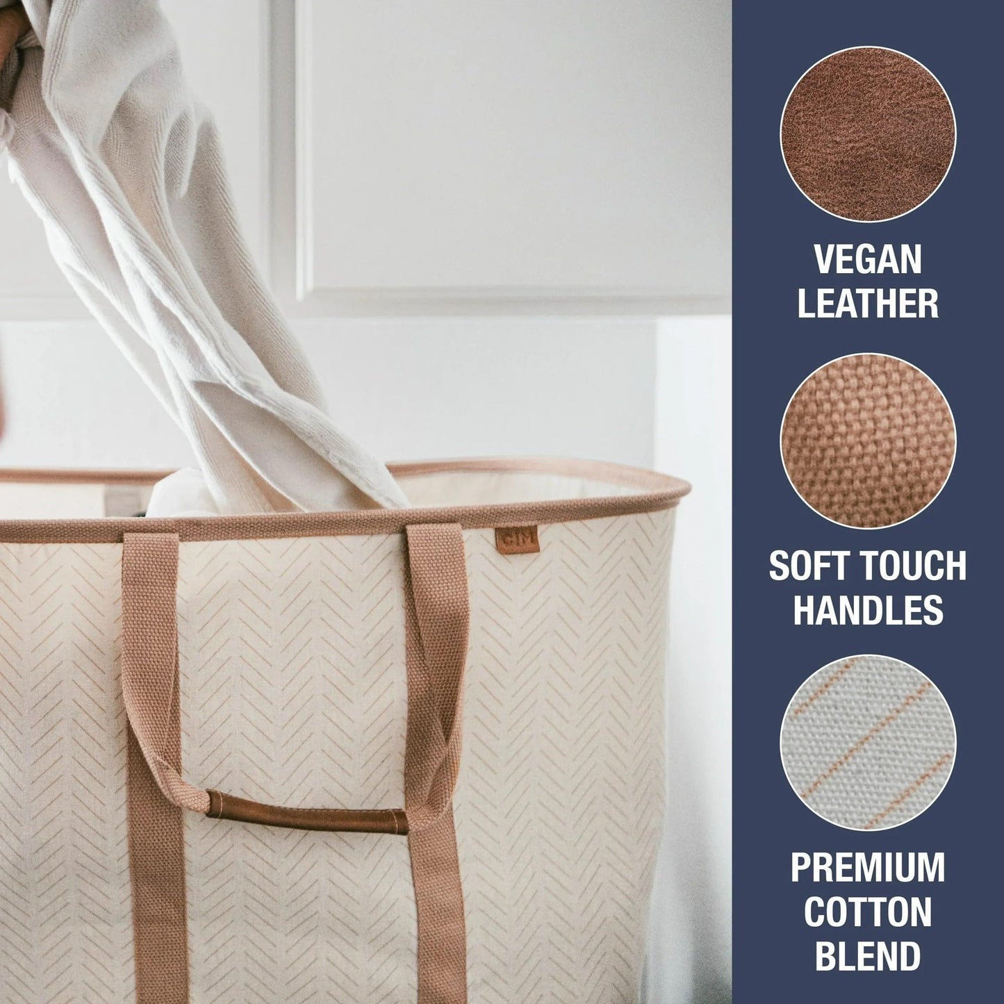 CleverMade Collapsible Laundry Caddy – Foldable Laundry Hamper & Tote, XXL 64L Pop-Up Laundry Basket with Handles, Space-Saving Laundry Organizer for Home & Travel, 2 Pack - LUXE Cream Herringbone