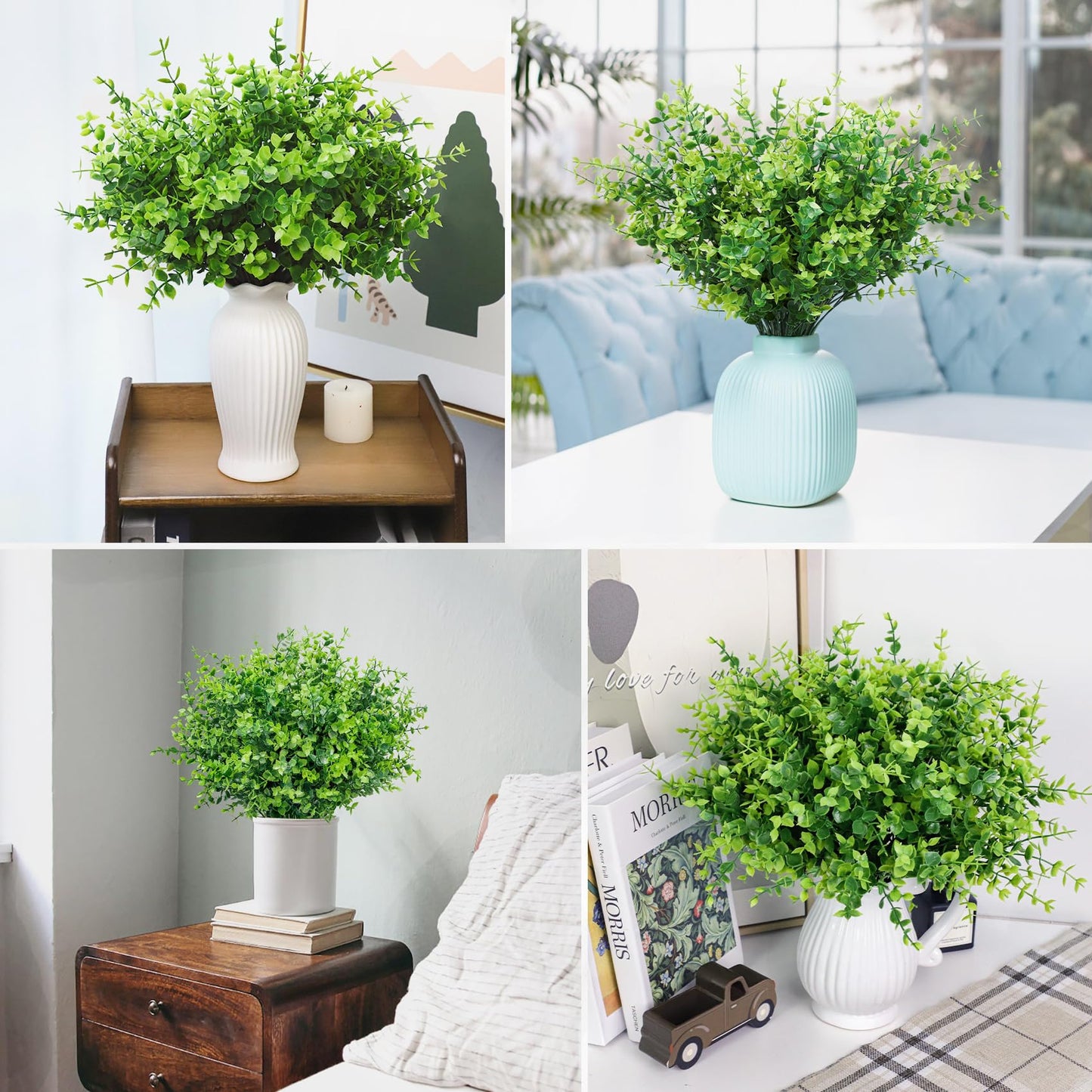 24 Bundles Greenery Artificial Plants Outdoors, Eucalyptus Stems UV Resistant Fake Foliage Plants Faux Boxwood Shrubs Indoor Decorations Artificial Flowers for Garden Pot Porch Fence Hanging Planter