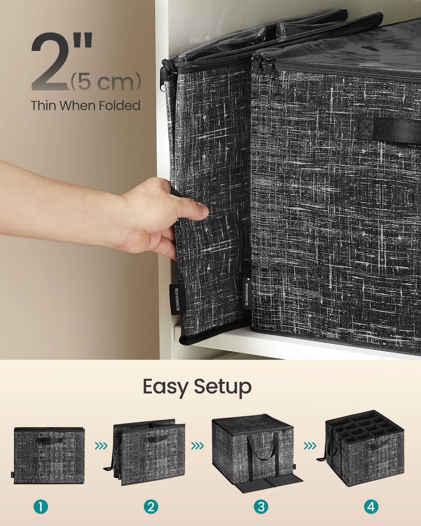 SONGMICS Shoe Organizer for Closet, Set of 2, Shoe Storage Box with Clear Lid, Foldable Fabric Bins, Holds 32 Pairs Total, Reinforced Handles, 16.5 x 16.5 x 12.5 Inches, Ink Black ULSP602B01