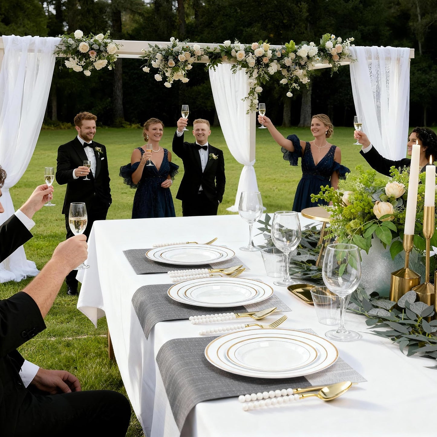 QualQuot 200PCS White Plastic Plates with Gold Rim, Disposable Heavy Duty Plastic Plate, 100 Dinner and 100 Dessert Plates for Party and Wedding