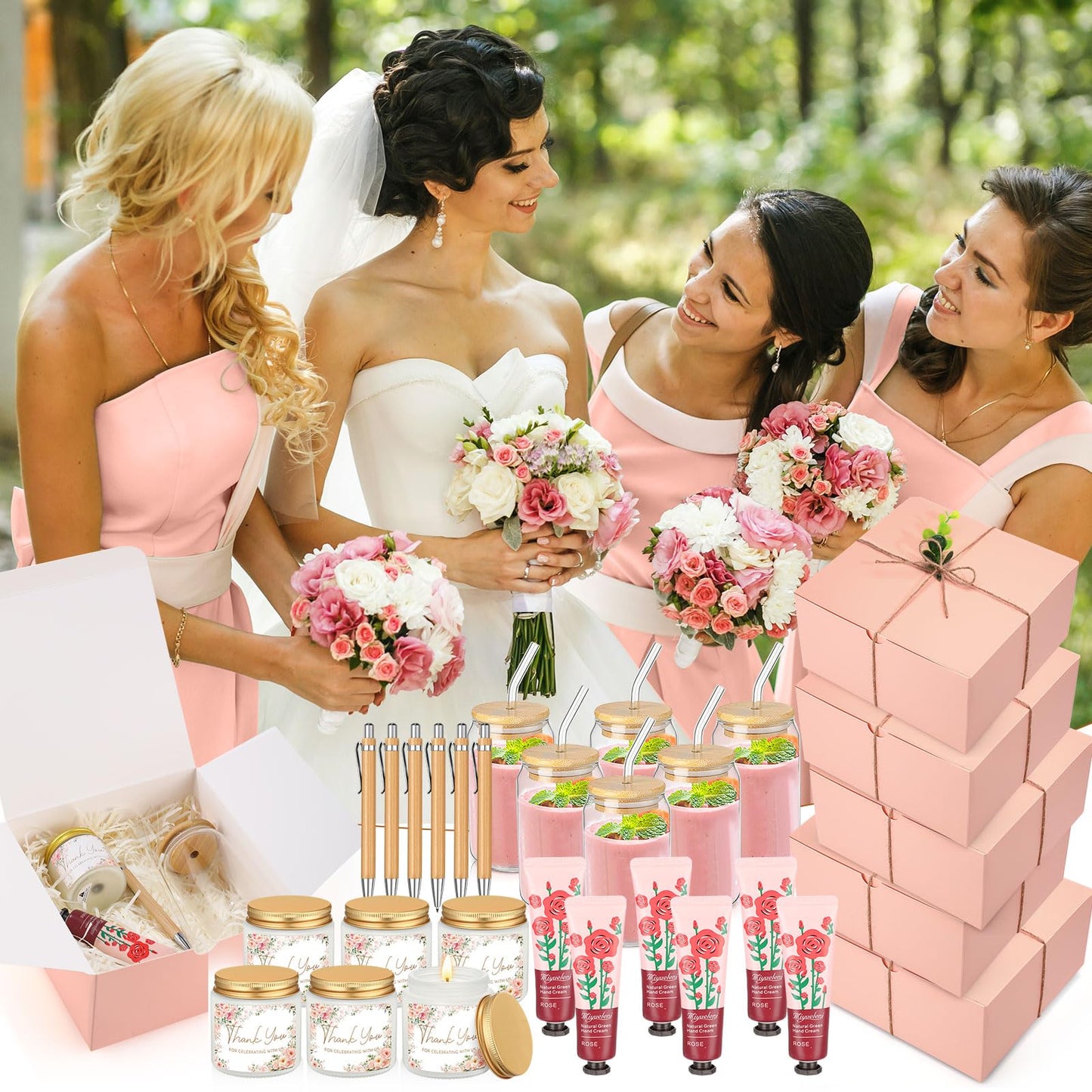 Reallnaive 6 Sets Baby Shower Prizes for Game Winners, Baby Shower Favors Including Glass Cup Scented Candles Hand Cream Pens Gift Box with Raffia for Gender Reveal Wedding Bridal Party Prizes(Pink)
