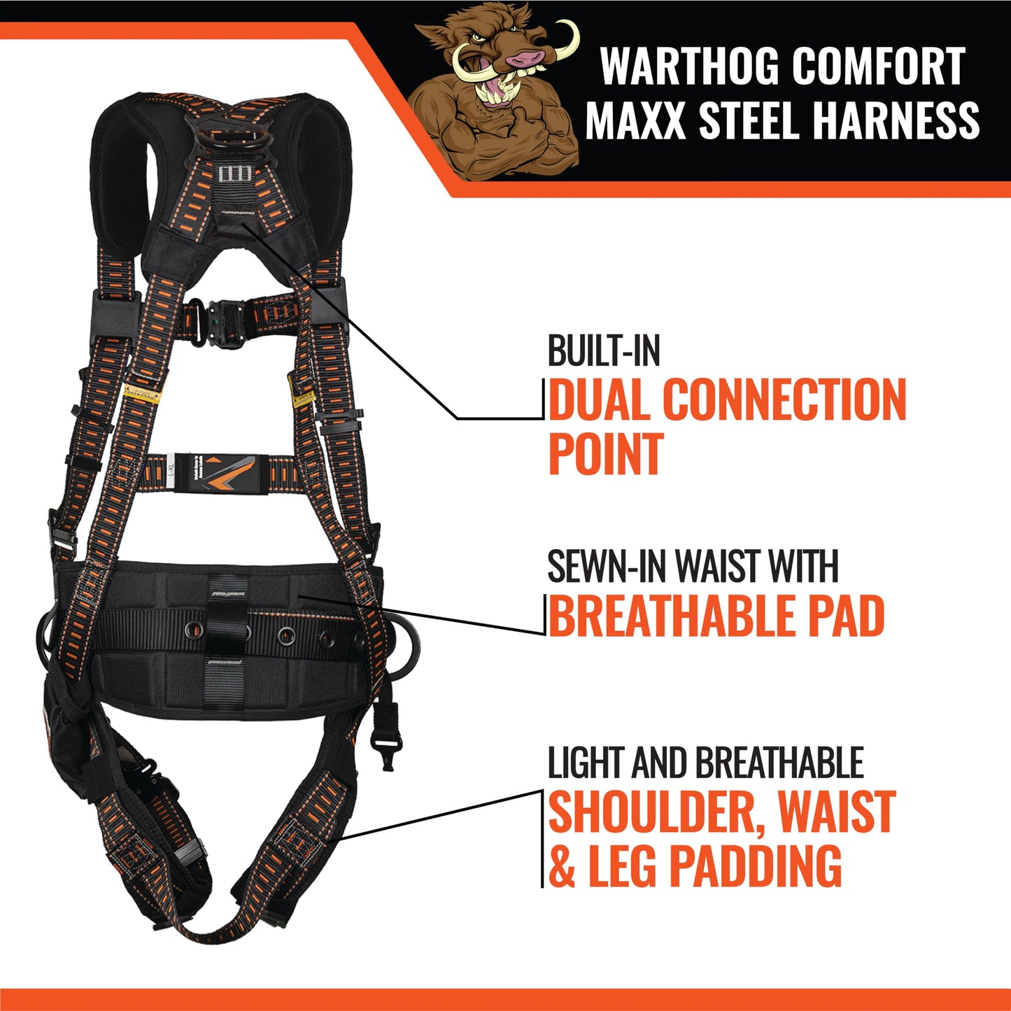Malta Dynamics Warthog Comfort MAXX Steel Safety Harness for Fall Protection, OSHA/ANSI Rated (XXL-XXXL)