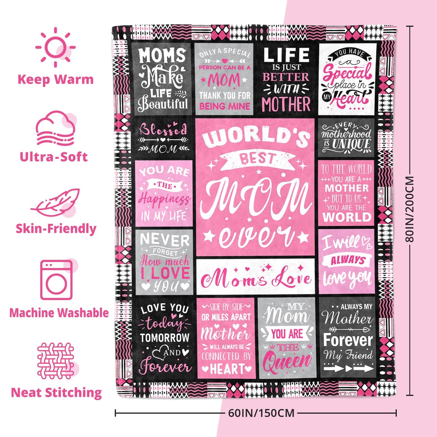 PVDSAVE Moms Birthday Gifts from Daughter Son - Blanket Gifts for Mom - World's Best Mom Ever Gifts - Christmas Valentines Day Mothers Day Birthday Present for Moms - Mother Life Blanket 60"x80"