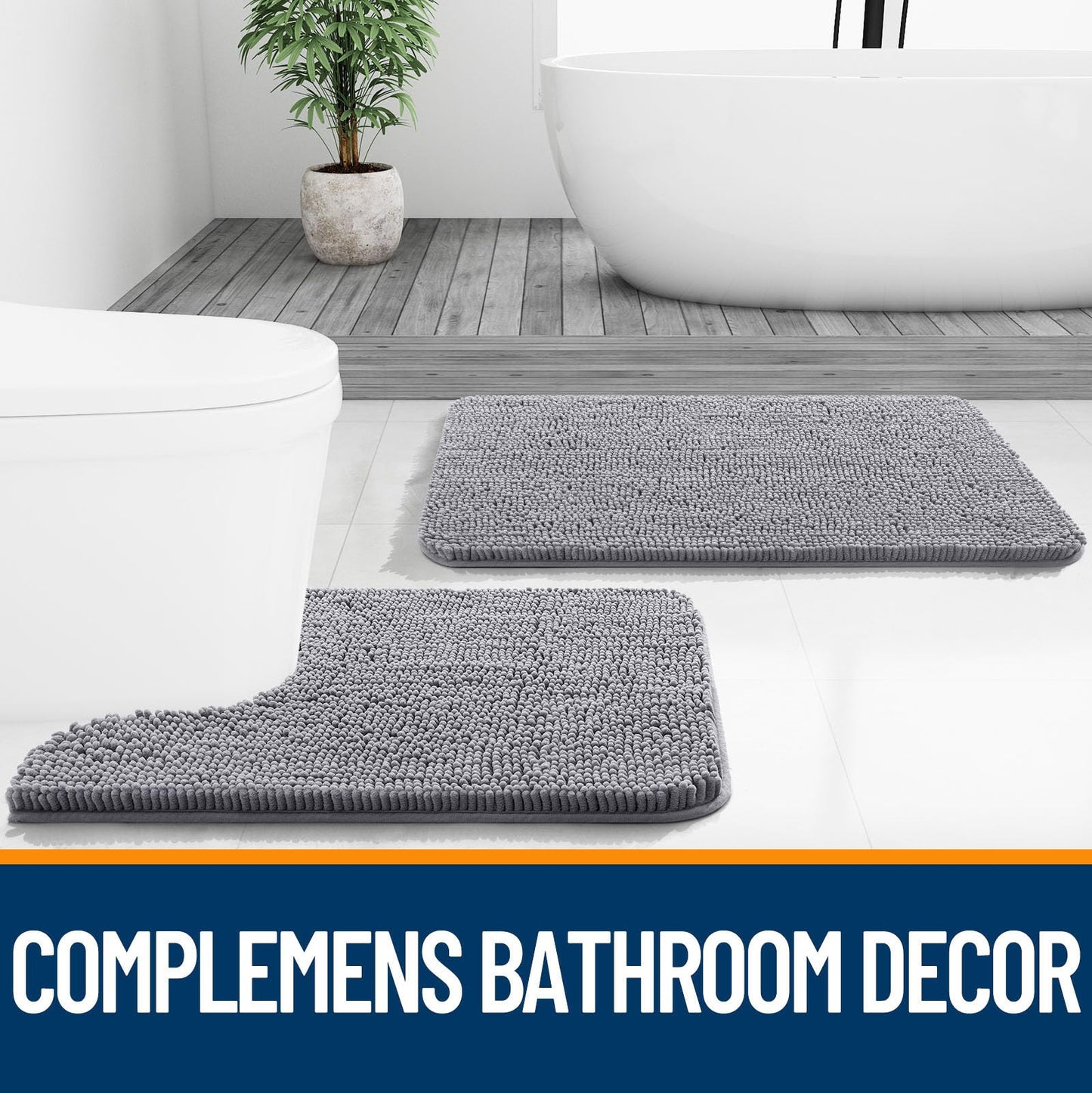 OLANLY Bathroom Rugs Sets 2 Piece, Soft Absorbent Chenille Bath Mats and U-Shaped Contour Toilet Mat Area Rug Set, Machine Washable Bath Carpet, Home Decor Accessories (30"x20"+24"x20", Grey)