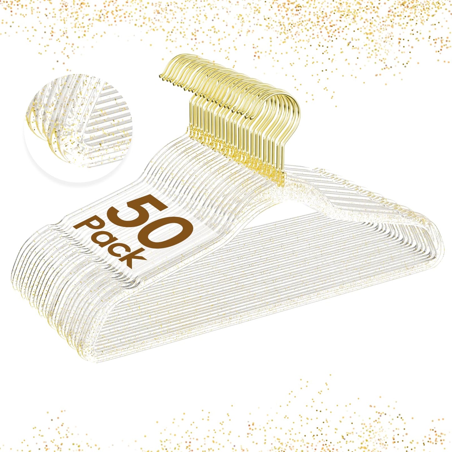 50 Pack Clear Plastic Hangers with Gold Glitter, Acrylic, Ultra Slim, Space Saving, for Coats, Pants, Suits, Shirts, Skirts, Dress Clothes