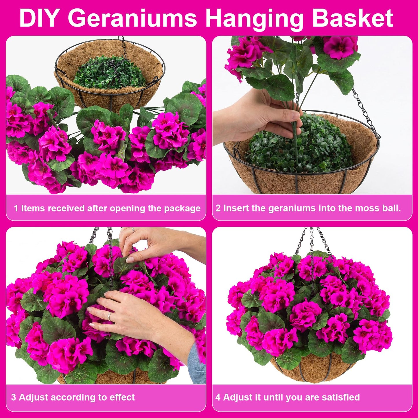 Hananona 2 Set Artificial Outdoor Geraniums Flowers with Hanging Basket, 2 Hanging Planters with 12 Pcs Red Geranium Flowers for Spring Summer Front Porch Garden Patio Home Decor (2, Rose Red)