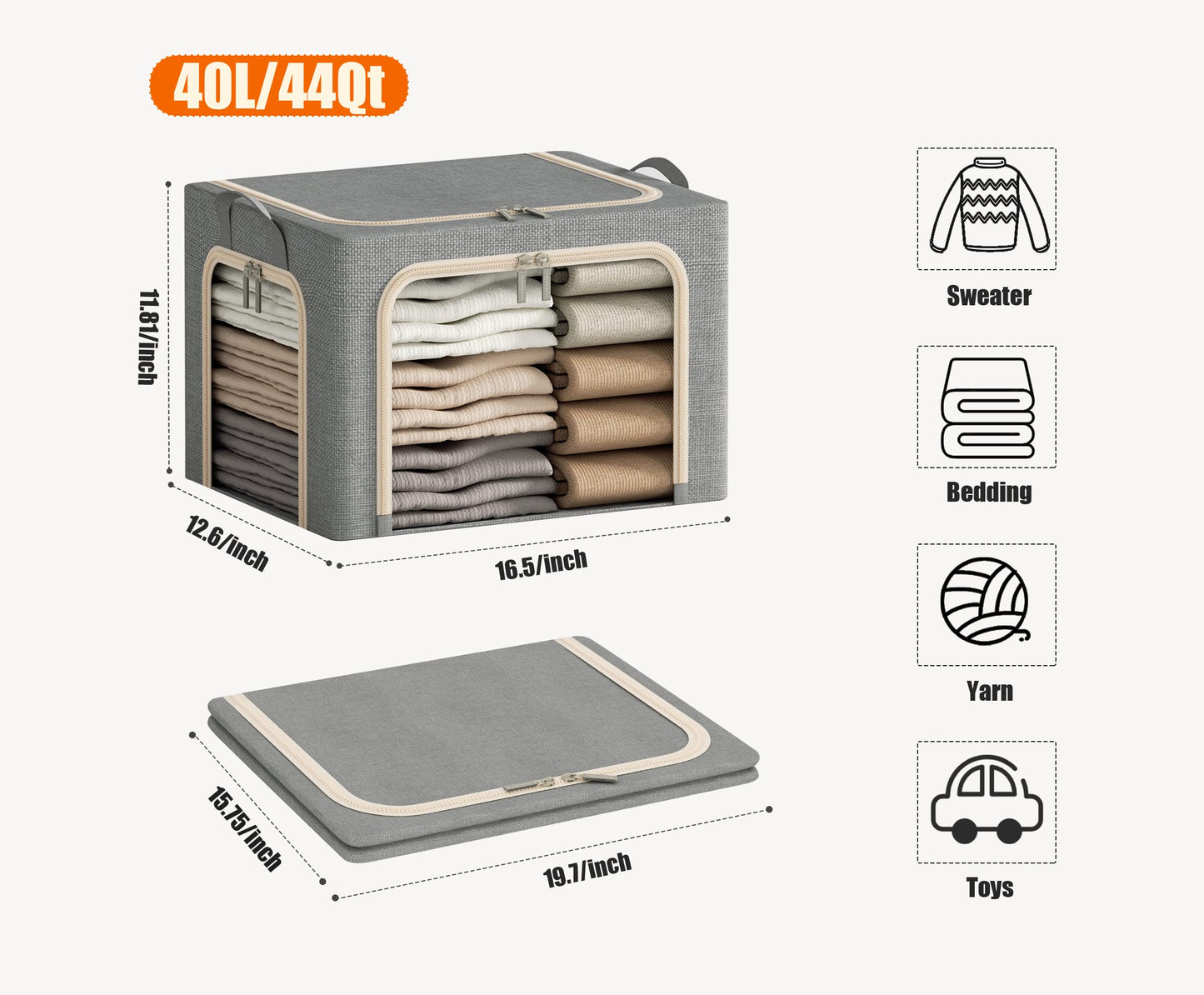3 Openings Clothes Storage Bins with Metal Frame, Foldable Storage Bin for Clothes, Clothing Storage Bins with Lid, Linen Storage Box With Clear Window& Zippers& Durable Handles.(3 Pcs,Light Grey,40L)