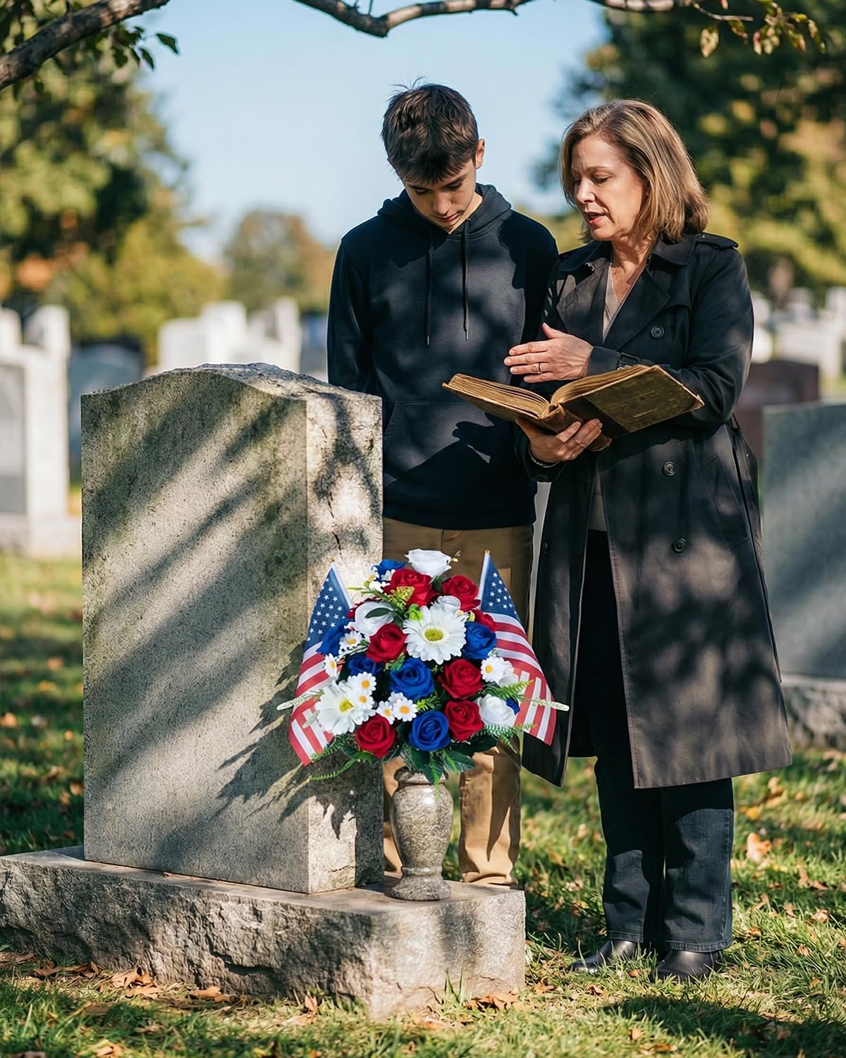 Memobloom Memorial Day Flowers for Cemetery: Large 36 Heads Velvet Red White Blue Roses Bouquet with Flags for Veterans - Outdoor Artificial Patriotic Grave Flowers America 250 Decorations