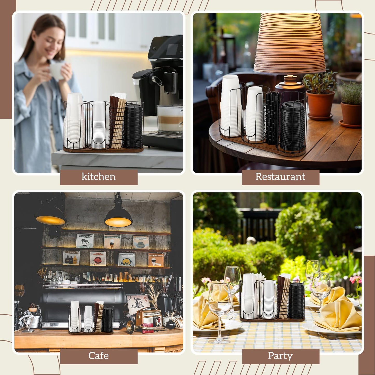Geelin 18oz Adjustable Coffee Cup Dispenser with Wooden Base, Cup Holder Organizer for Storing Paper Cups, Straws, Lids and Other Tableware(4-compartment Single,Color 1)