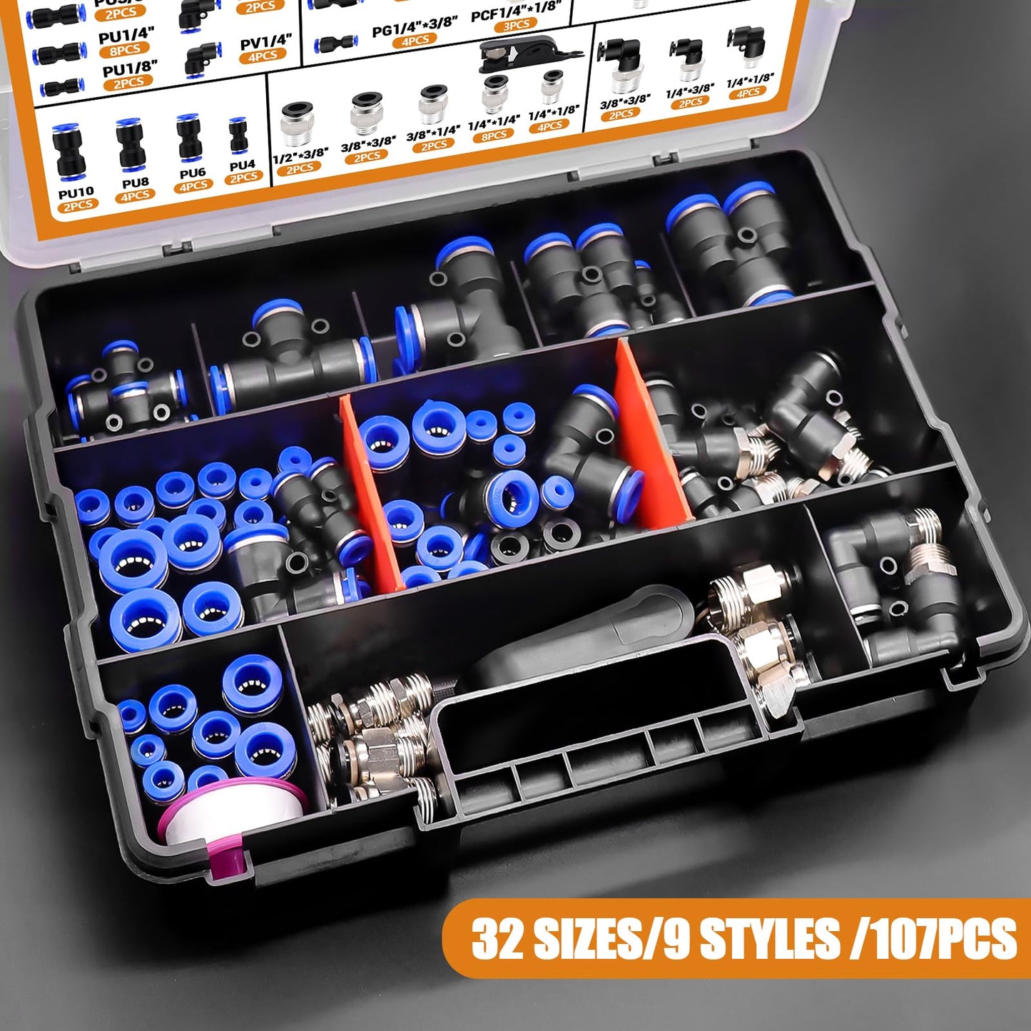 mankk 107PCS Quick Connect Air Hose Fittings Kit 32 Sizes 1/8" 1/4" 5/16” 3/8" 1/2",4/6/8/10mm Push to Connect Fittings Air Line Fittings Quick Release Pneumatic Kit