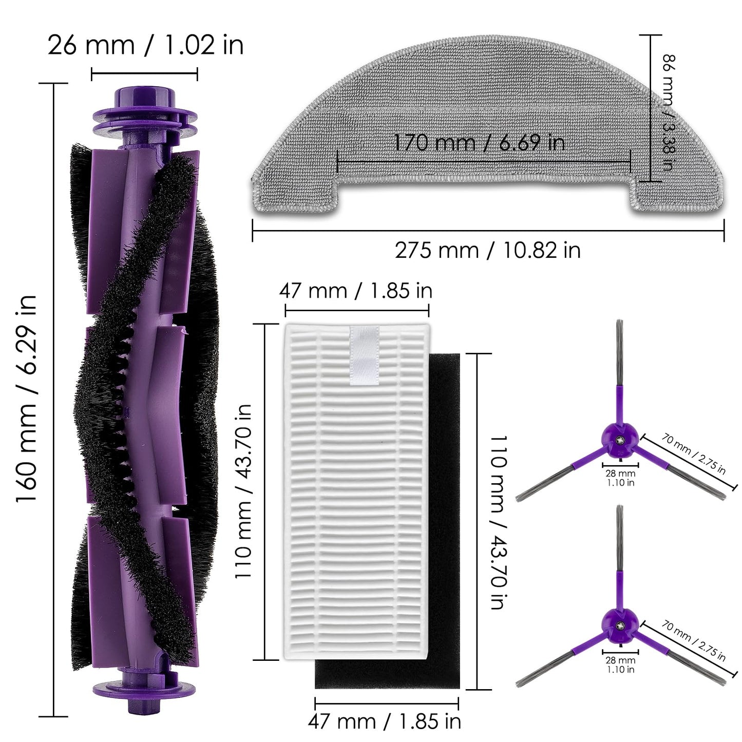 (22 Pack) MR1 SE Replacement Parts Compatible with MONSGA MR1 SE Robot Vacuum Cleaner, 2 Roller Brushes, 8 Side Brushes, 8 HEPA Filters with Foam Filters, 4 Mop Pads, Accessories Kit