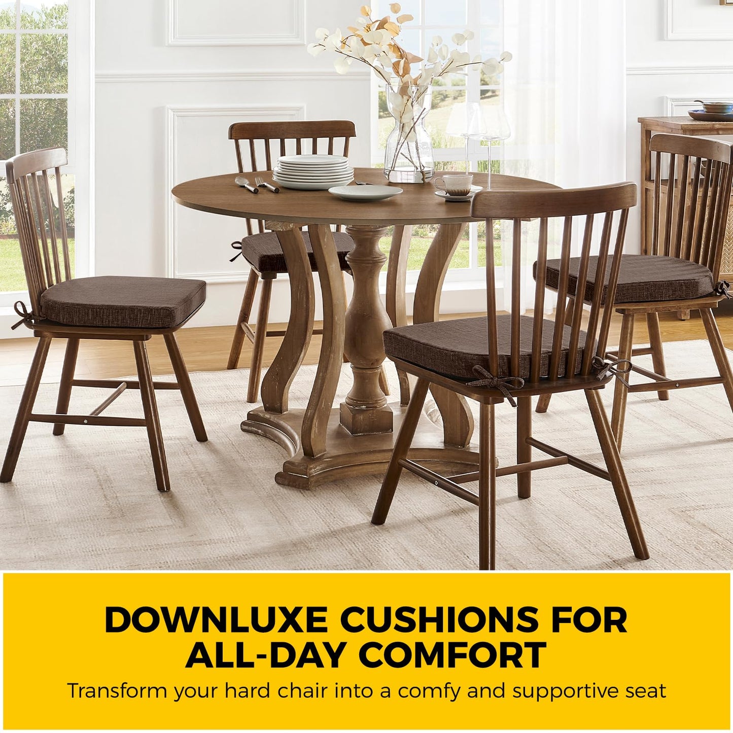 downluxe Indoor Chair Cushions for Dining Chairs, Soft and Comfortable Textured Foam Kitchen Chair Pads with Ties and Non-Slip Backing, 16" x 16" x 2", Brown, 4 Pack