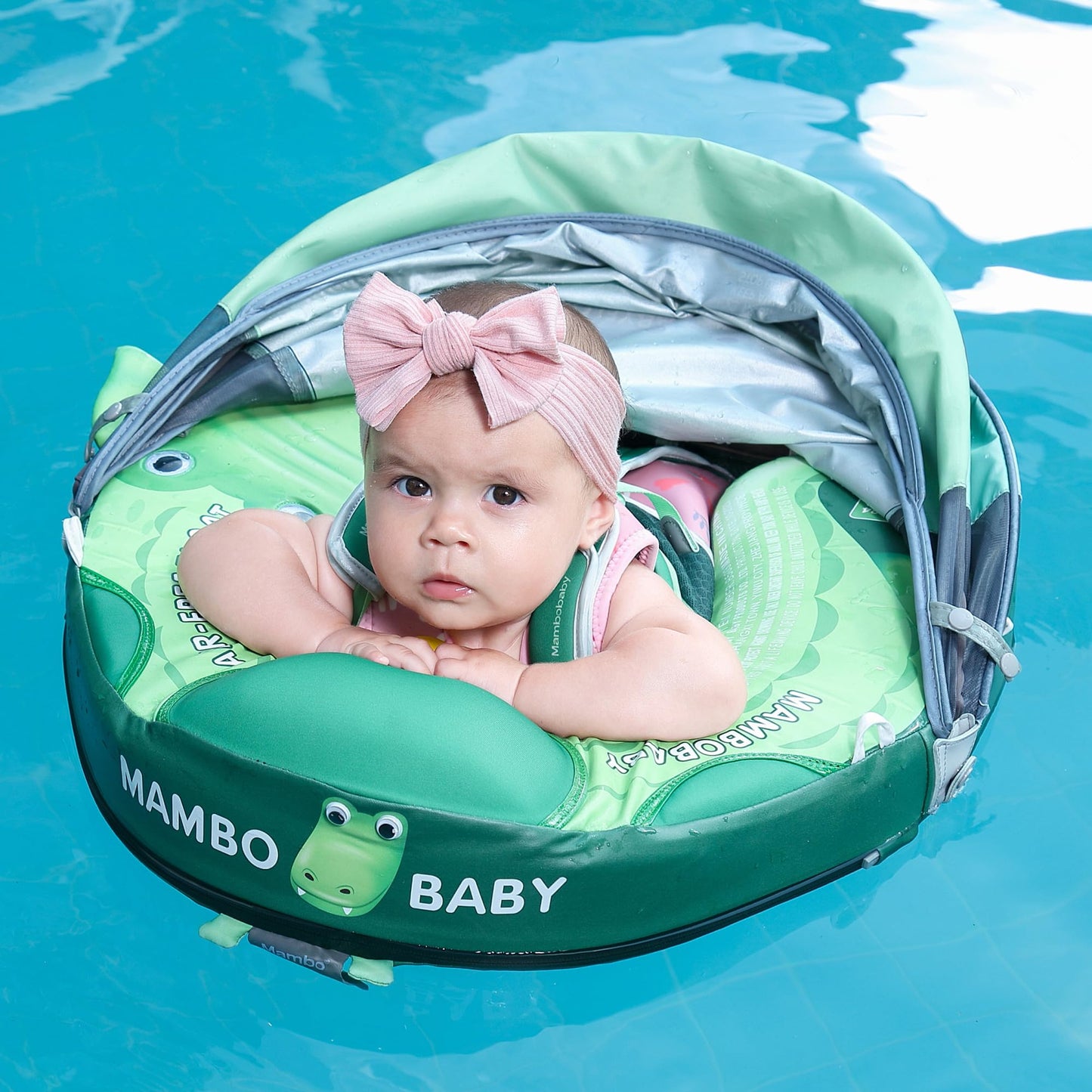 Mambobaby Float Upgrade Add Tail Baby Float with Canopy for Infant Waist Swimming Ring Swim Trainer Non-Inflatable Floats Toys with Adjustable Safety Strap (Green - Crocodiles)