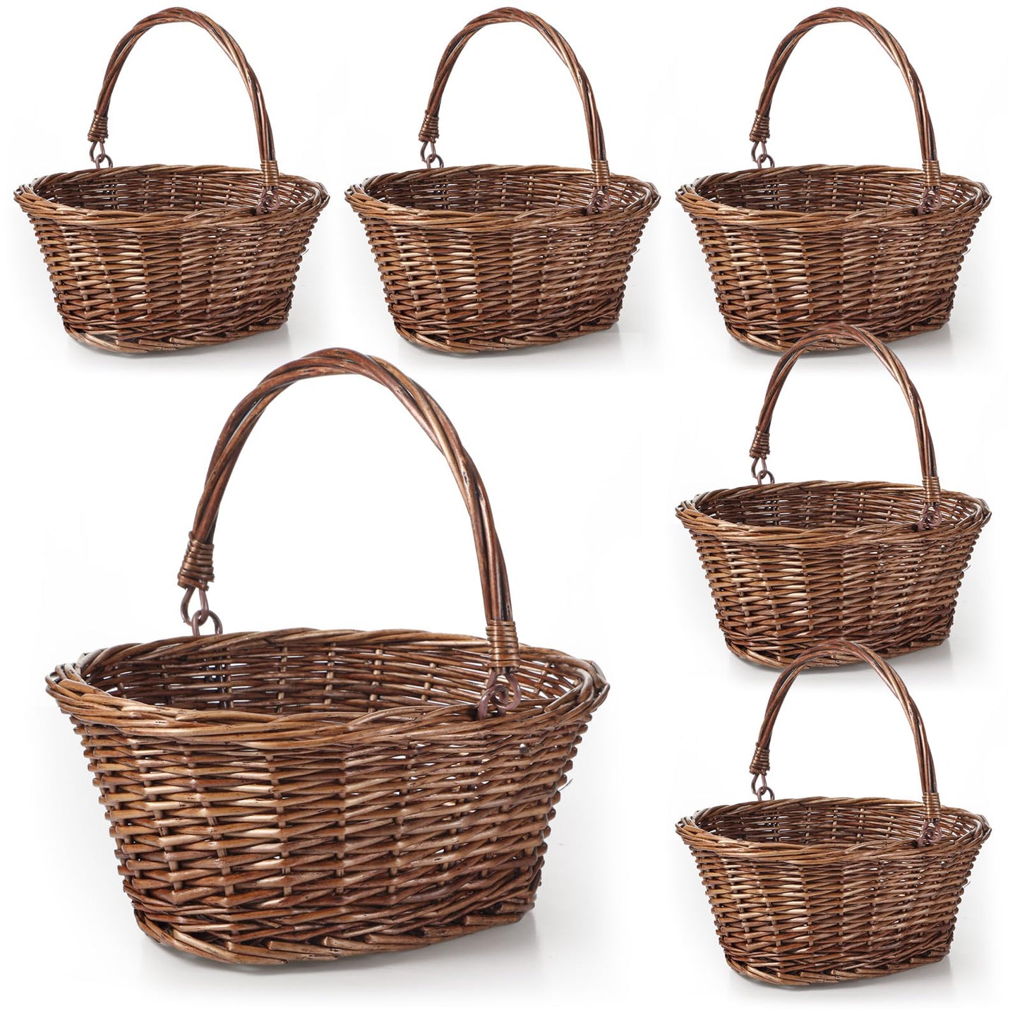Barydat Small Wicker Basket with Handle Flower Girl Baskets Oval Willow Woven Braided Gift Basket for Weddings Picnic Baby Shower Home Garden Decor(6 Pcs,Brown,9" x 7" x 4")