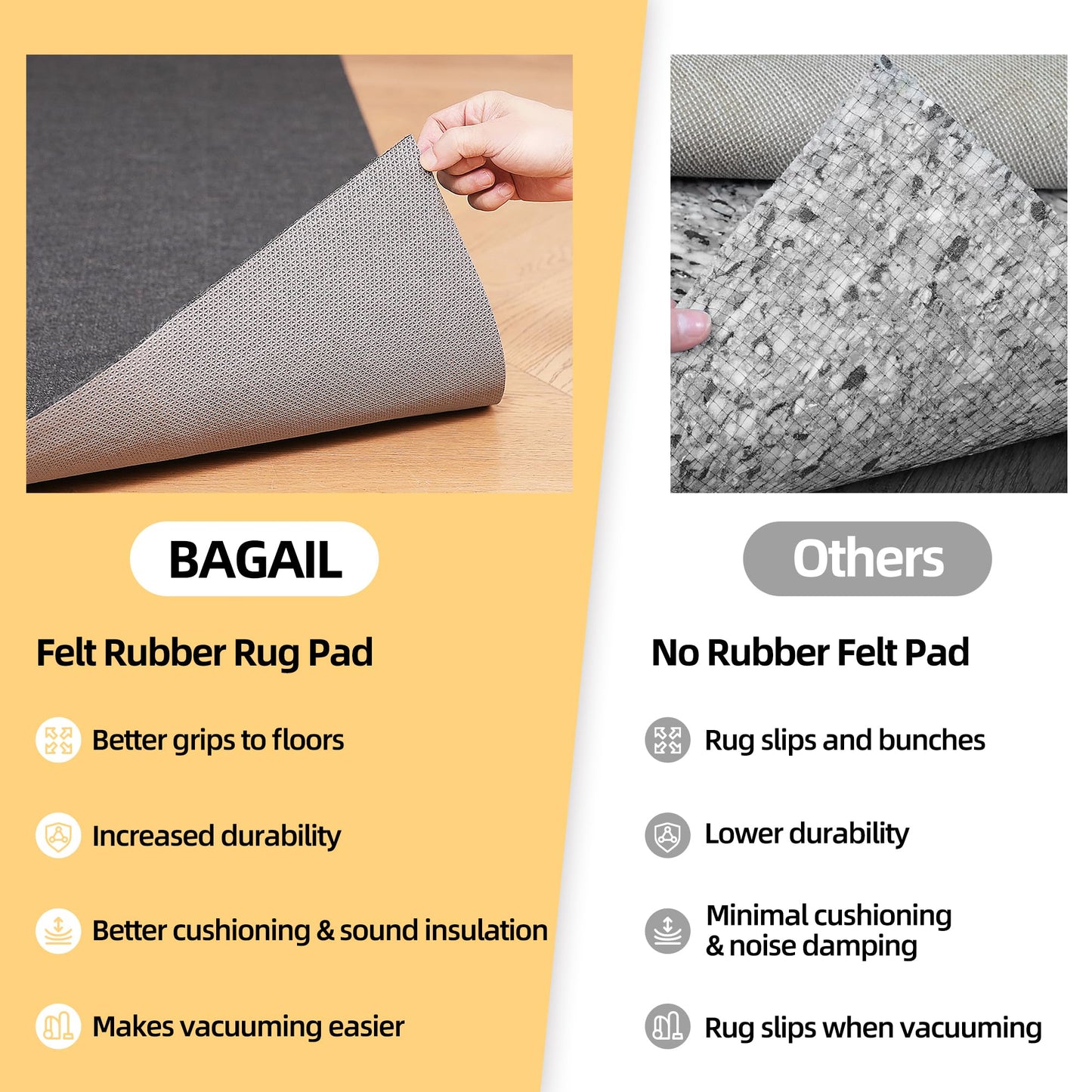 BAGAIL Felt and Natural Rubber Backing Rug Pads 1/4” Thick, 5 x 7 Ft Non Slip Carpet Gripper Keep Rugs in Place, Under Area Rug Protective Cushioned Pads, Carpet Runners, Hardwood Floors Protection