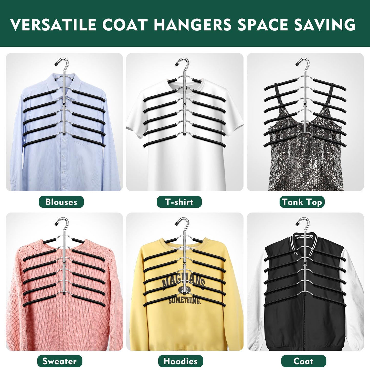 DOIOWN Clothes Hangers Space Saving: 6 Tier Coat Hanger Space Saving Hangers Non Slip Foam Padded Hanger, 3 Pack Black Metal Sweater T Shirt Hangers for Men Women, Closet Organizers and Storage
